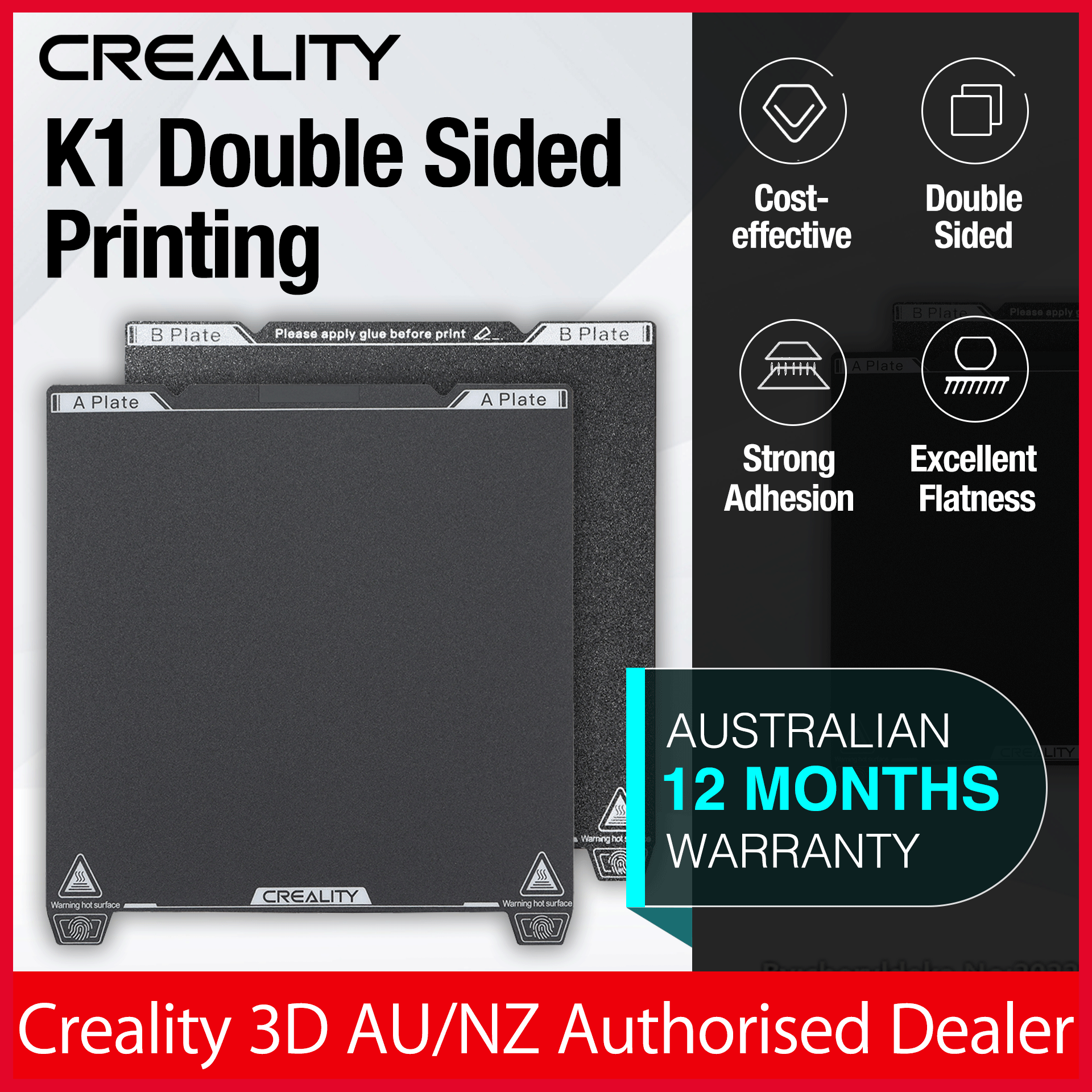 Creality K1 3D Printer with Double-Sided PEI Coated & Textured Printing Bed (235x235mm) - Fast Heating, High Precision for DIY Projects, Prototyping & Home Use - AU Stock