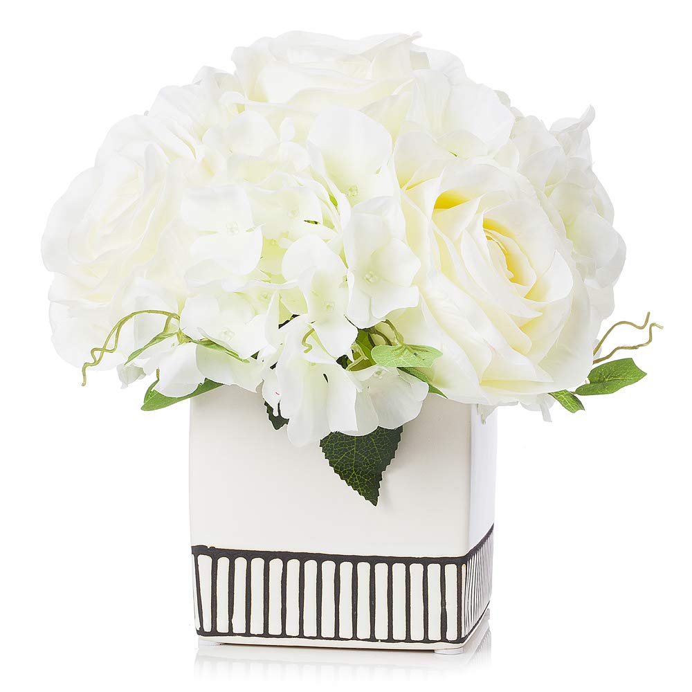 Enova Home Artificial Silk Rose & Hydrangea Floral Arrangement in White Ceramic Pot - Elegant Home Decor, Wedding Centerpiece, Table Decoration (Cream)