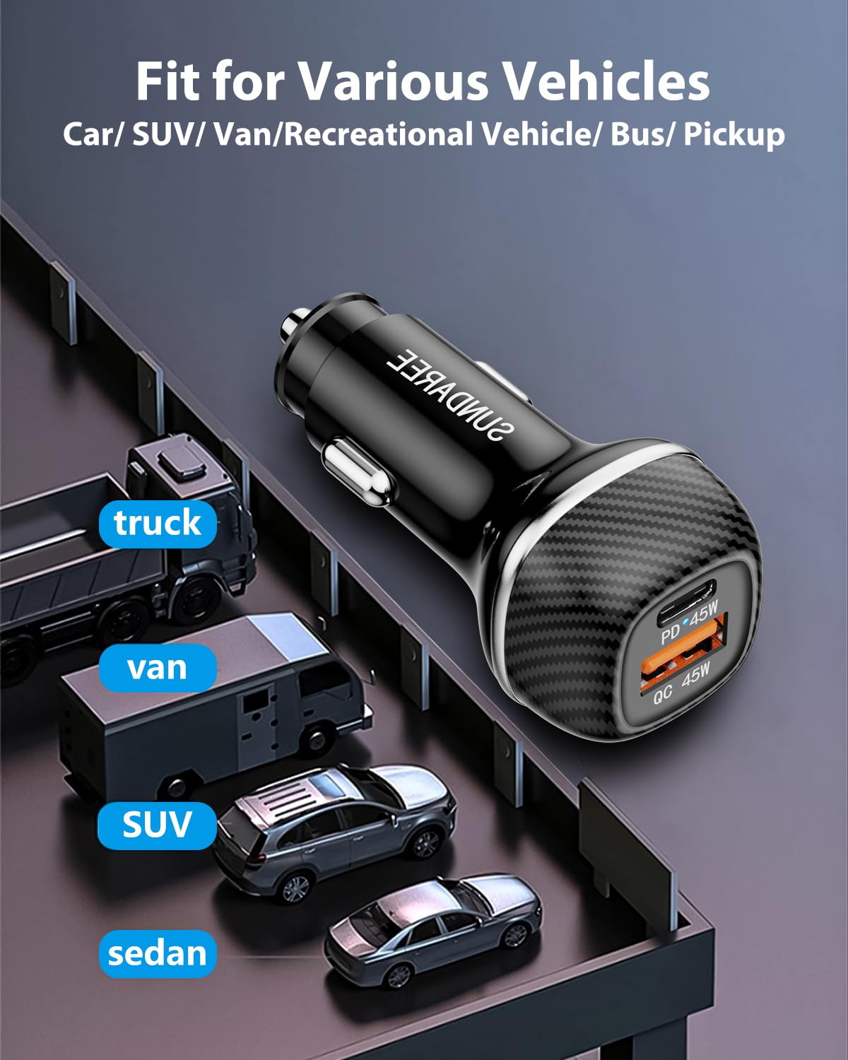 SUNDAREE 90W USB C Car Charger Fast Charging PD45W QC3.0 Dual Port PPS USB Cigarette Lighter Adapter for iPhone 16 15 14 13 Pro Max Plus iPad Samsung Galaxy - Black | Fast Car Charging for Road Trips & Daily Commute