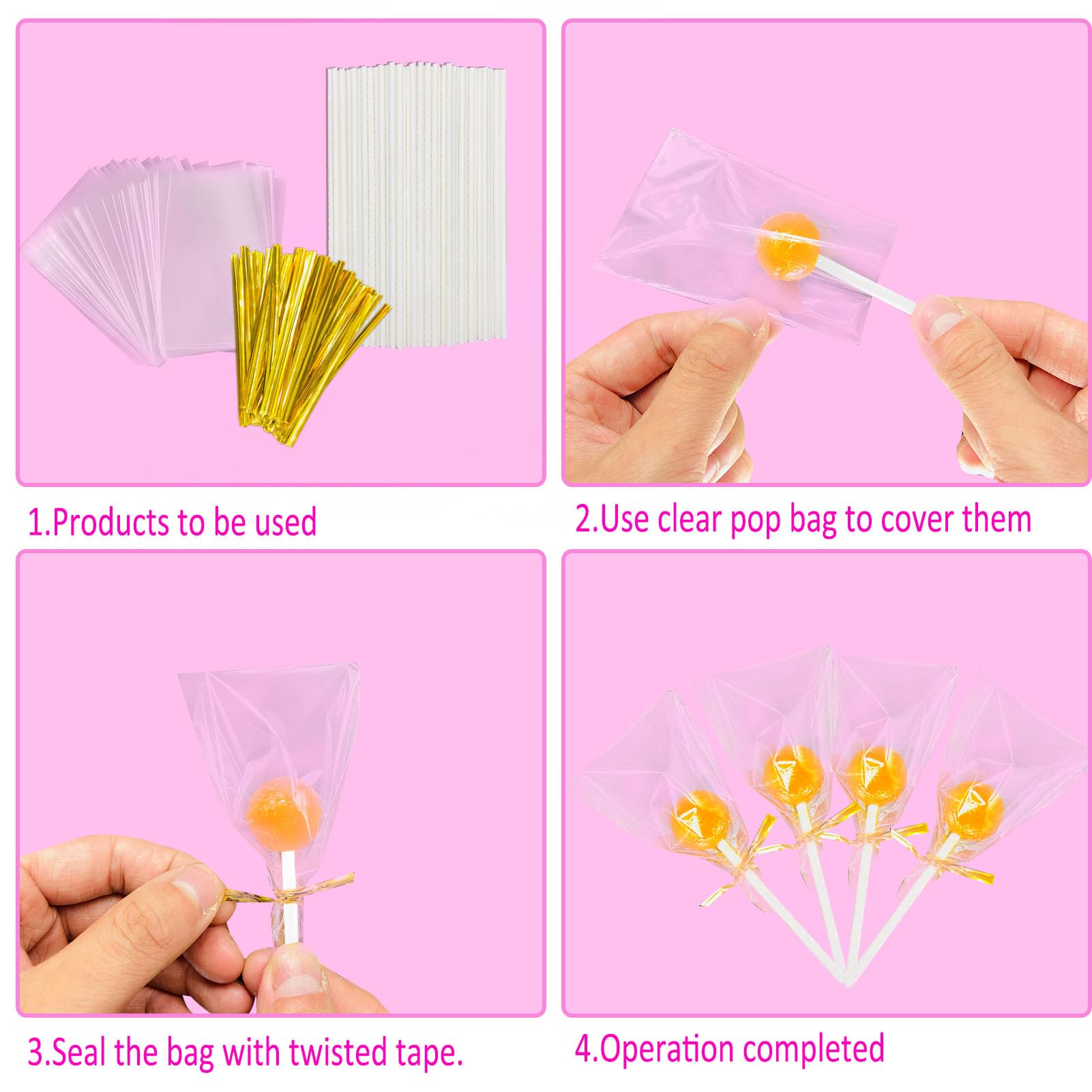 600Pcs Cake Pop Sticks Kit - 200 Lollipop Sticks, 200 Wrappers & 200 Twist Ties for Candy, Chocolate & Cookie Wrapping - DIY Baking Supplies for Parties, Gifts & Dessert Decorating