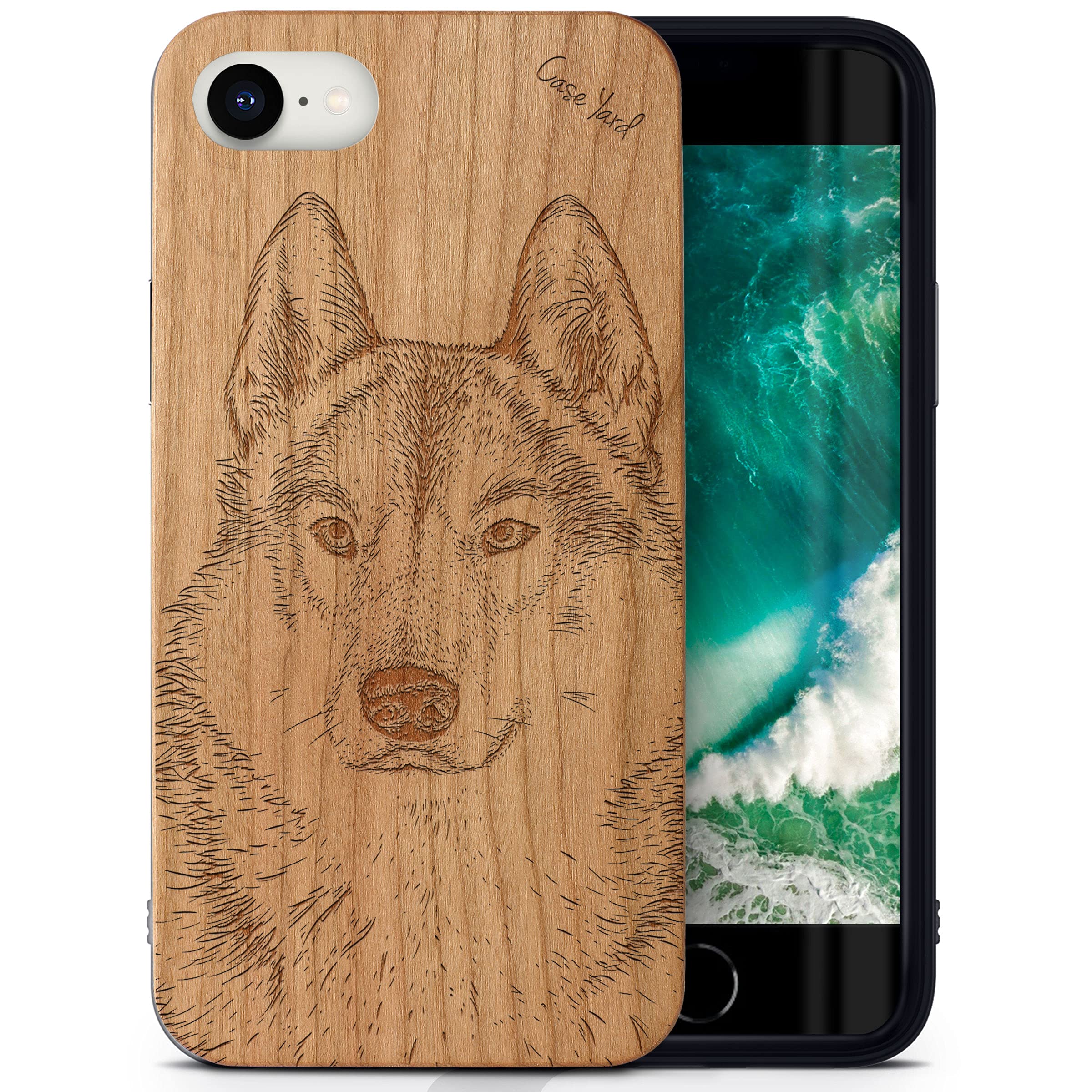 CaseYard Wood Phone Case for iPhone SE - Laser Engraved Siberian Husky Design in Cherry Wood | Slim Fit Shockproof Protective Cover for Men & Women | Perfect for Outdoor Adventures & Daily Use