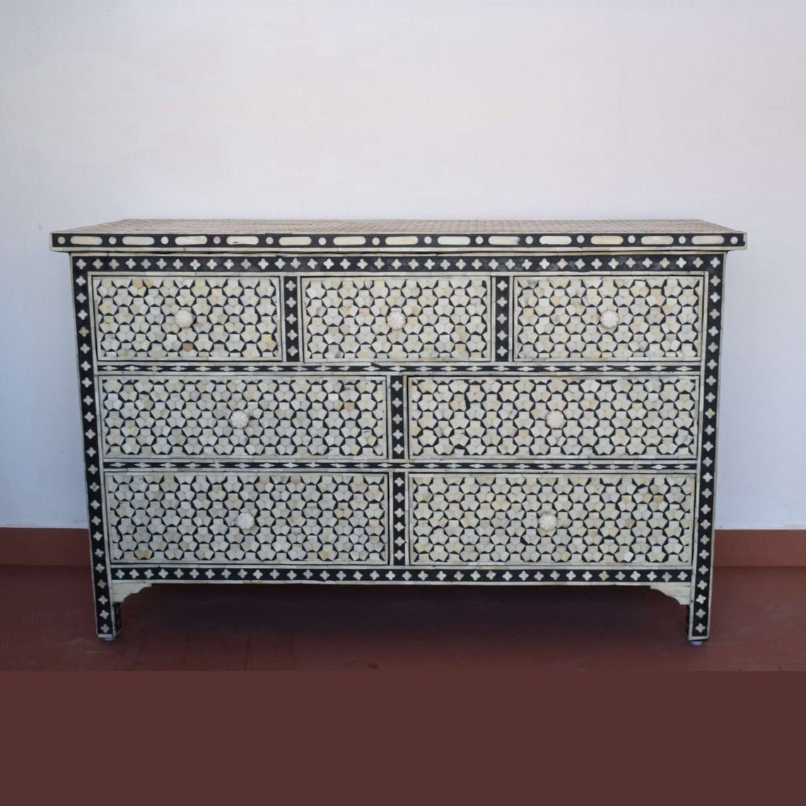 Handmade Bone Inlay Black Pentagon Dresser with 7 Drawers - Vintage Boho Bedroom Furniture for Storage & Organization