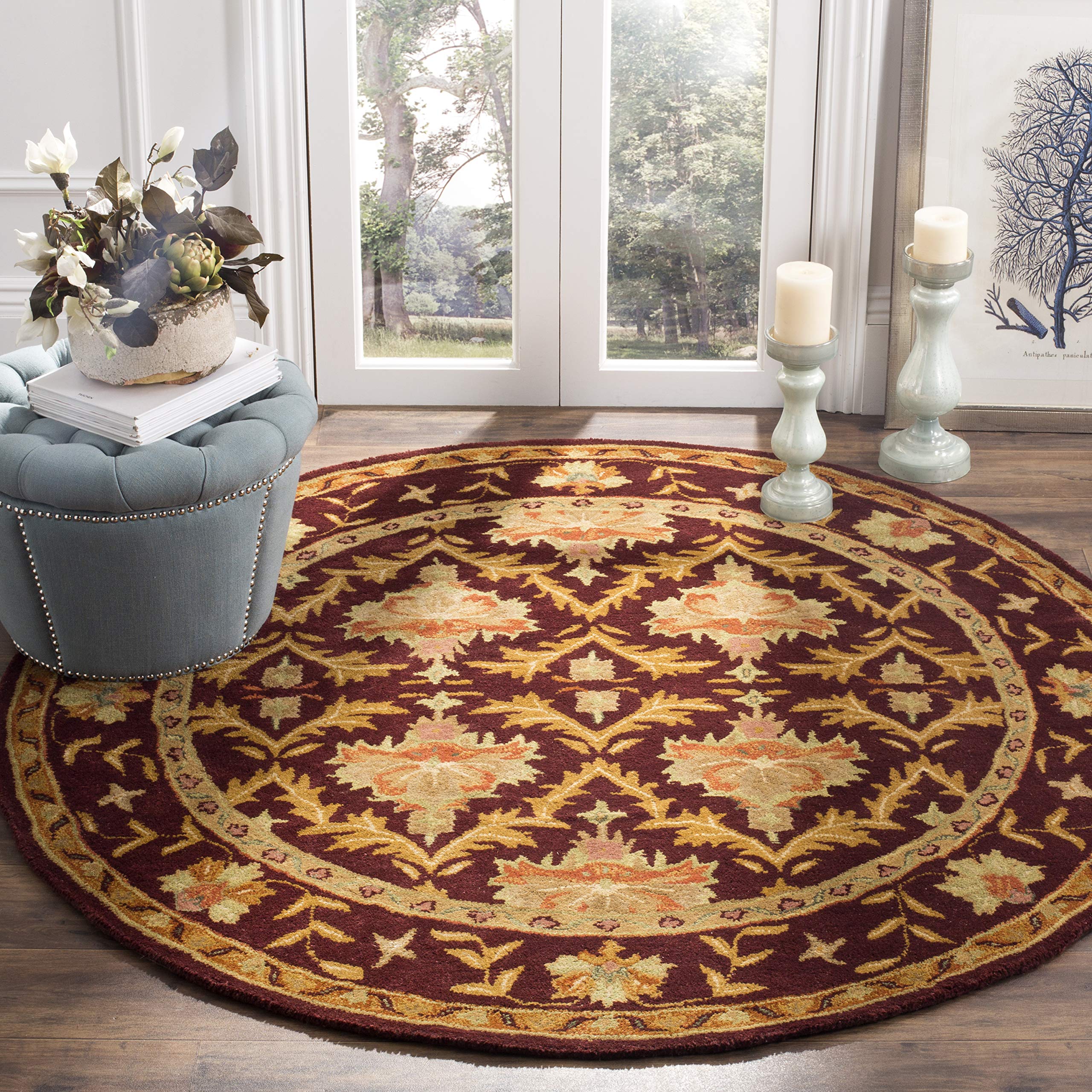 SAFAVIEH Antiquity Collection 6-Foot Round Wine & Gold AT54A Handmade Traditional Oriental Premium Wool Area Rug - Perfect for Living Room, Dining Room or Bedroom Decor