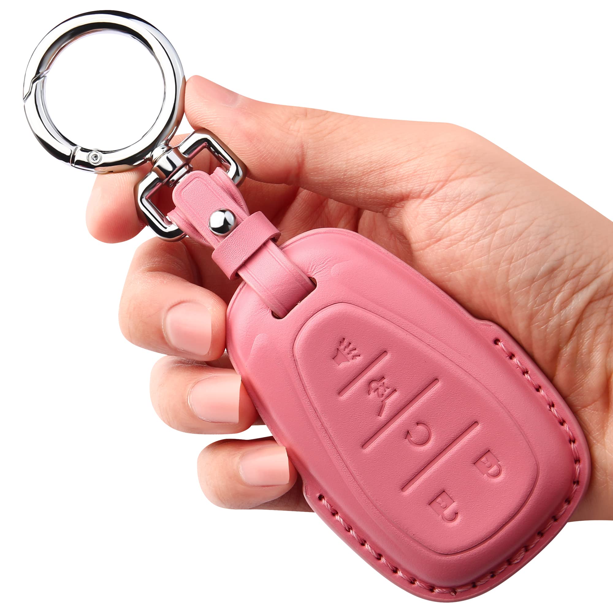 Tukellen Pink Leather Key Fob Cover Compatible with Chevrolet Camaro Malibu Cruze Trax Traverse Sonic Volt Equinox Spark (2017-2021 Models) - Durable Smart Remote Key Case Protector for Daily Use & Car Key Organization
