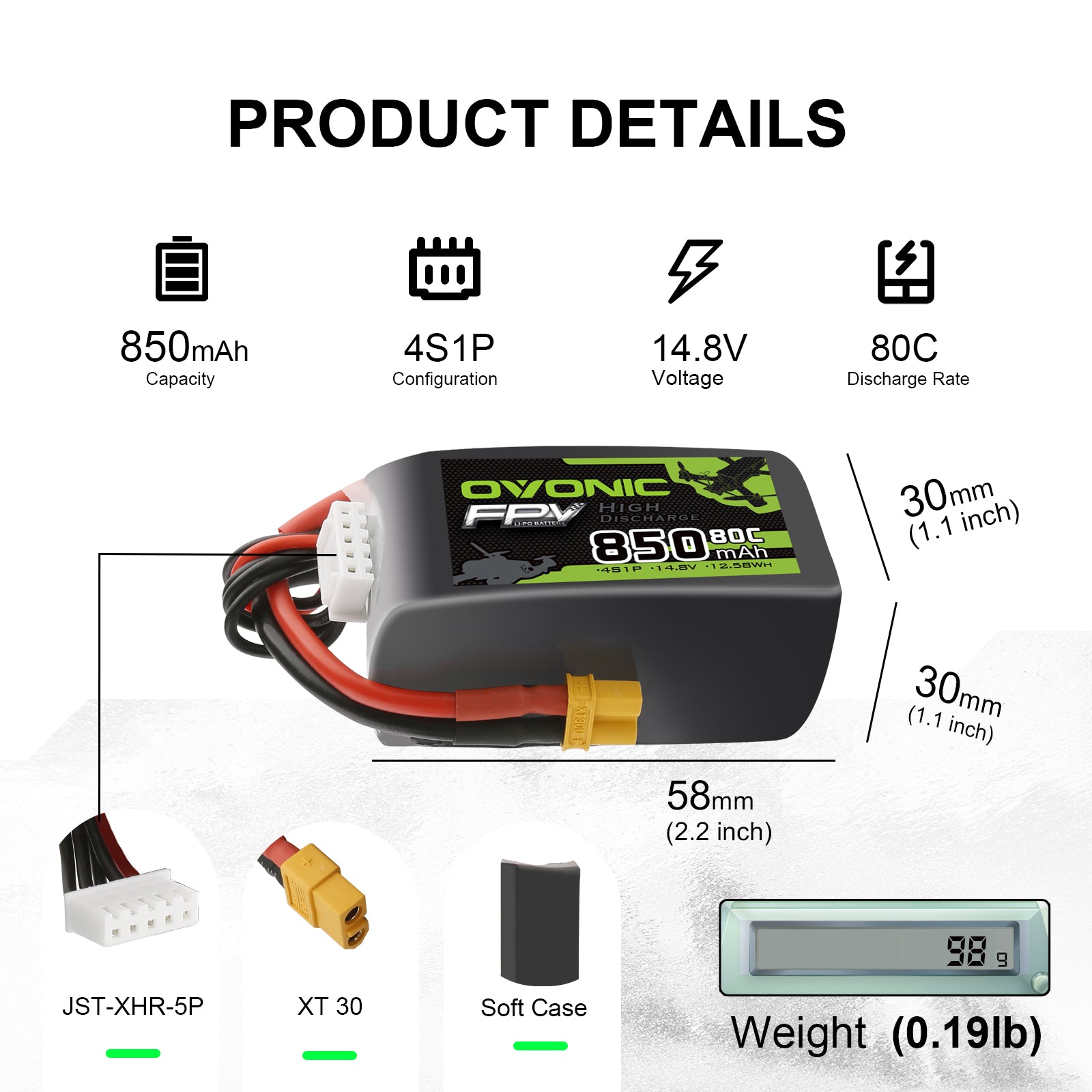 Ovonic 4S Lipo Battery 850mAh 14.8V 80C with XT30 Plug - 4 Pack for FPV Racing Drones, Cinewhoop, Cinematic Toothpick & Long Range Freestyle - Perfect for Aerial Photography, Drone Racing & Outdoor Adventures