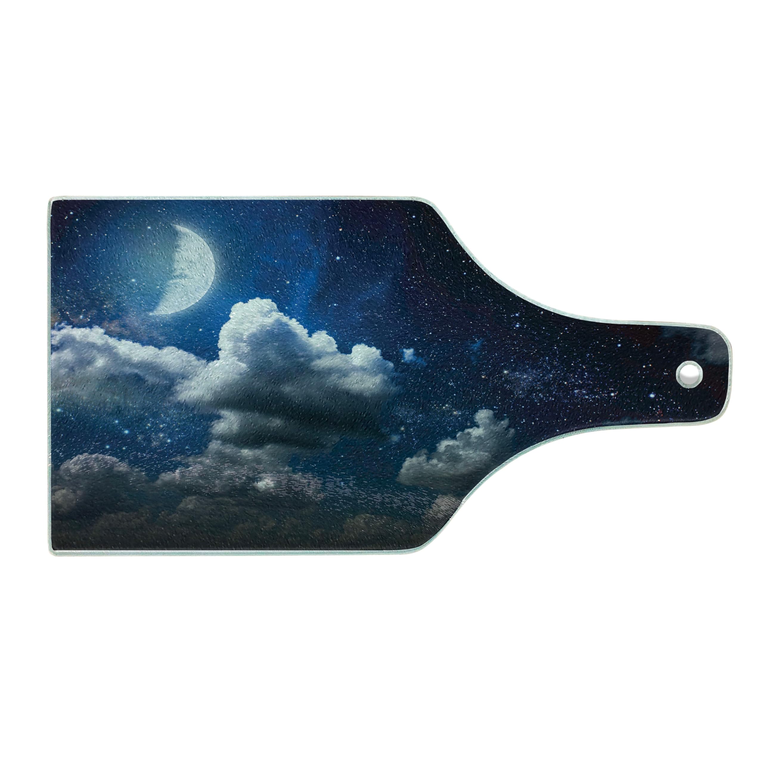 Ambesonne Celestial Solar Night Sky Cutting Board - Tempered Glass Serving Board with Stars, Moon, and Clouds Design - Dark Blue & White Wine Bottle Shape - Perfect for Entertaining, Kitchen Decor, and Gift Giving