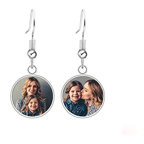 Personalized Photo Text Earrings for Women - Custom Stainless Steel Round Stud Dangle Locket Earrings with Picture - Memorial Jewelry Birthday Gift for Mom, Wife, Daughter - Perfect for Anniversaries, Valentine's Day & Special Occasions
