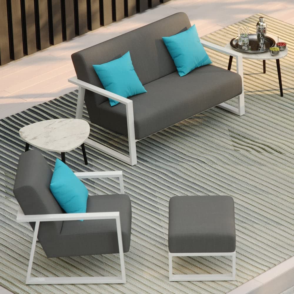 ZURI Modern Elba Outdoor Ottoman with Quick-Dry Cushions & Powder-Coated Aluminum Frame - Weatherproof Patio Furniture for Poolside, Garden & Deck - White/Gray