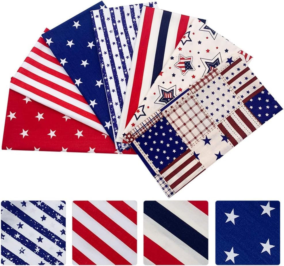AMORNPHAN 7-Piece Patriotic Cotton Fabric Bundle - 4th of July American Flag Stripe Quilting Squares (16x20 Inches) for DIY Crafts, Sewing, Patchwork & Needlework | Perfect for Holiday Decorations, Quilt Making & Home Décor Projects