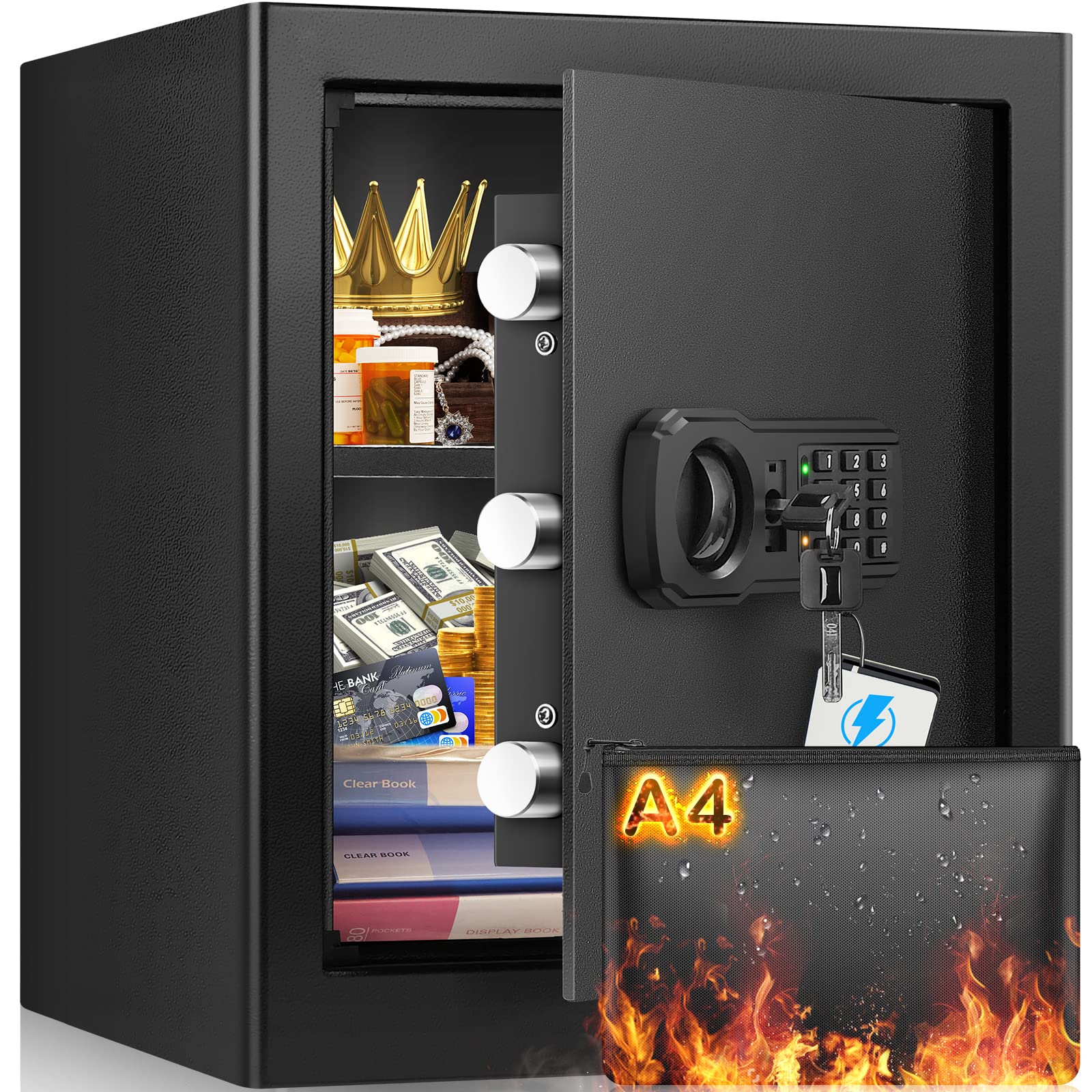 1.8 Cubic Fireproof and Waterproof Safe Box with Digital Keypad - Home Security Safe for Pistols, Money, Medicine & Important Documents - Ideal for Firearms Storage, Cash Protection, and Document Safety