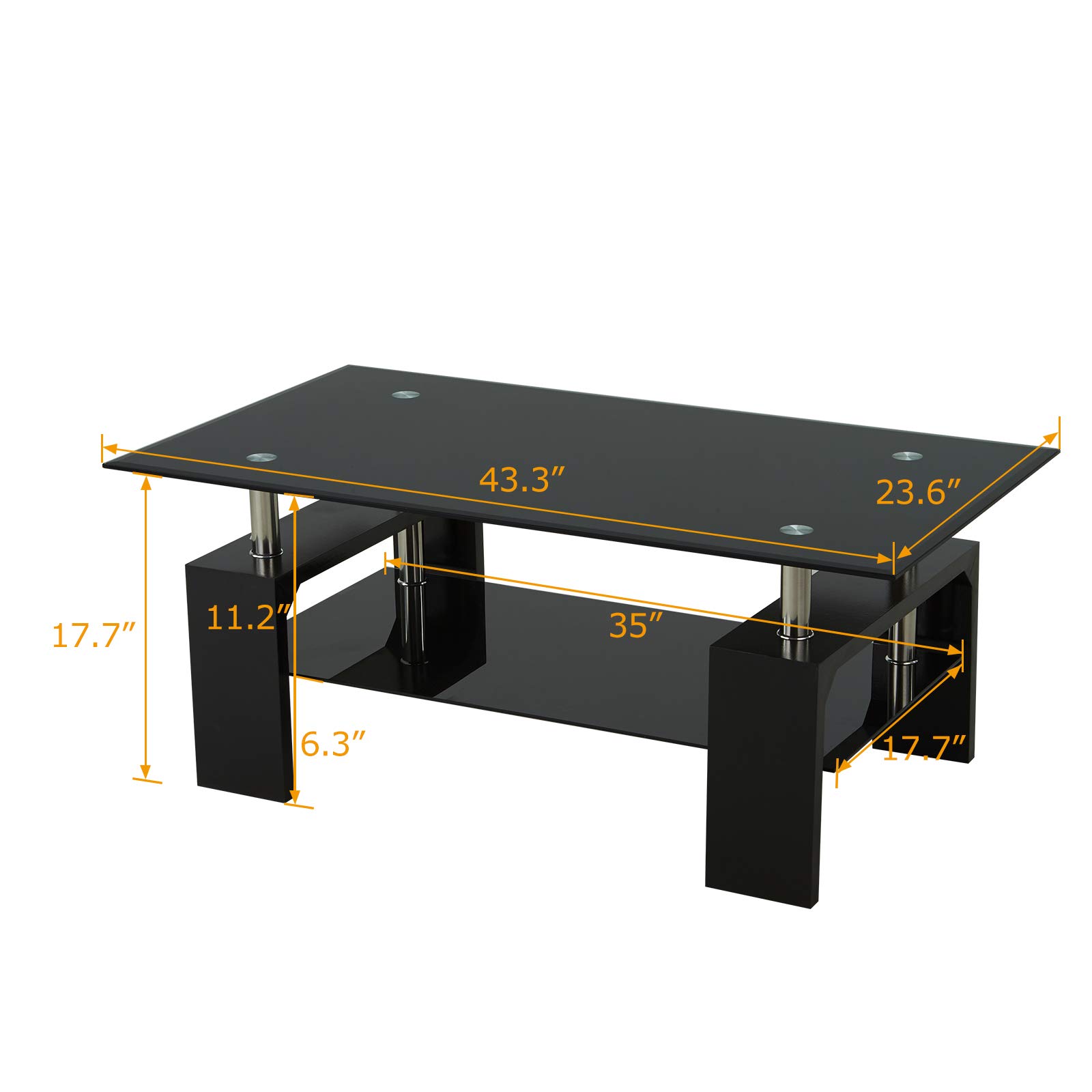 Upgraded Modern Black Glass Top Coffee Table with Storage Shelf - 43 Inch Rectangle Living Room Center Table with Wooden Legs - Perfect for Lounge, Sofa Side Table, and Home Decor