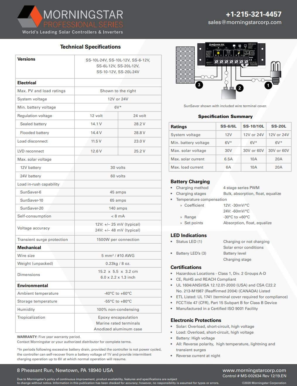 SunSaver 20L Solar Charge Controller with Low Voltage Disconnect (LVD) - Perfect for Off-Grid Power Systems, RVs, Boats & Solar Panel Kits