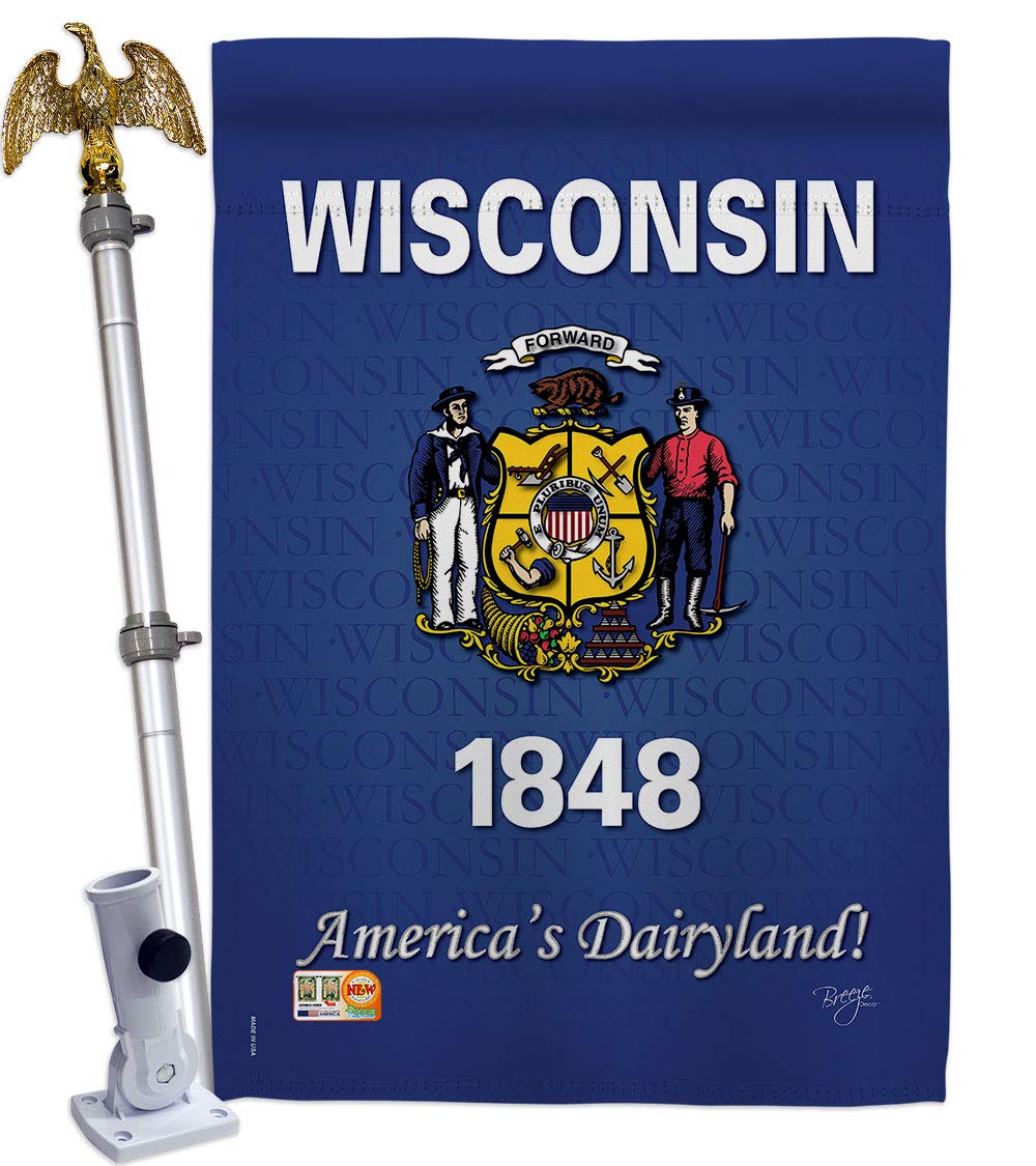 Wisconsin Americana House Flag Set - 28x40 Inch w/Flagpole for Outdoor Decor