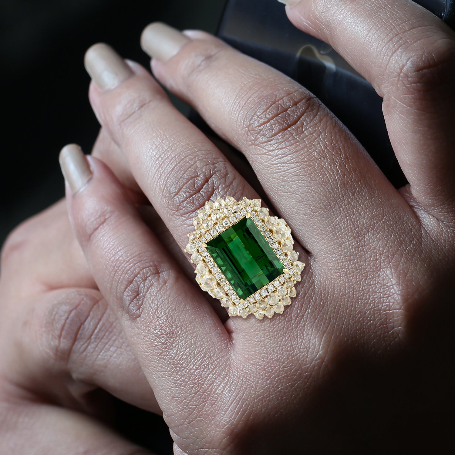 Emerald Cut Green Tourmaline & Rose Cut Diamond 18k Yellow Gold Cocktail Ring for Women | Elegant Evening Party Jewelry Gift for Her