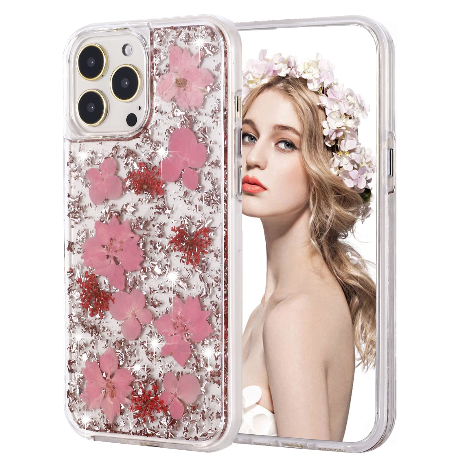 INKOMO iPhone 13 Pro Max Case - Luxury Glitter Floral Design with TPU Bumper, Protective Hard Back Cover for Women (Pink, 6.7 Inch) | Perfect for Everyday Use, Parties & Special Occasions