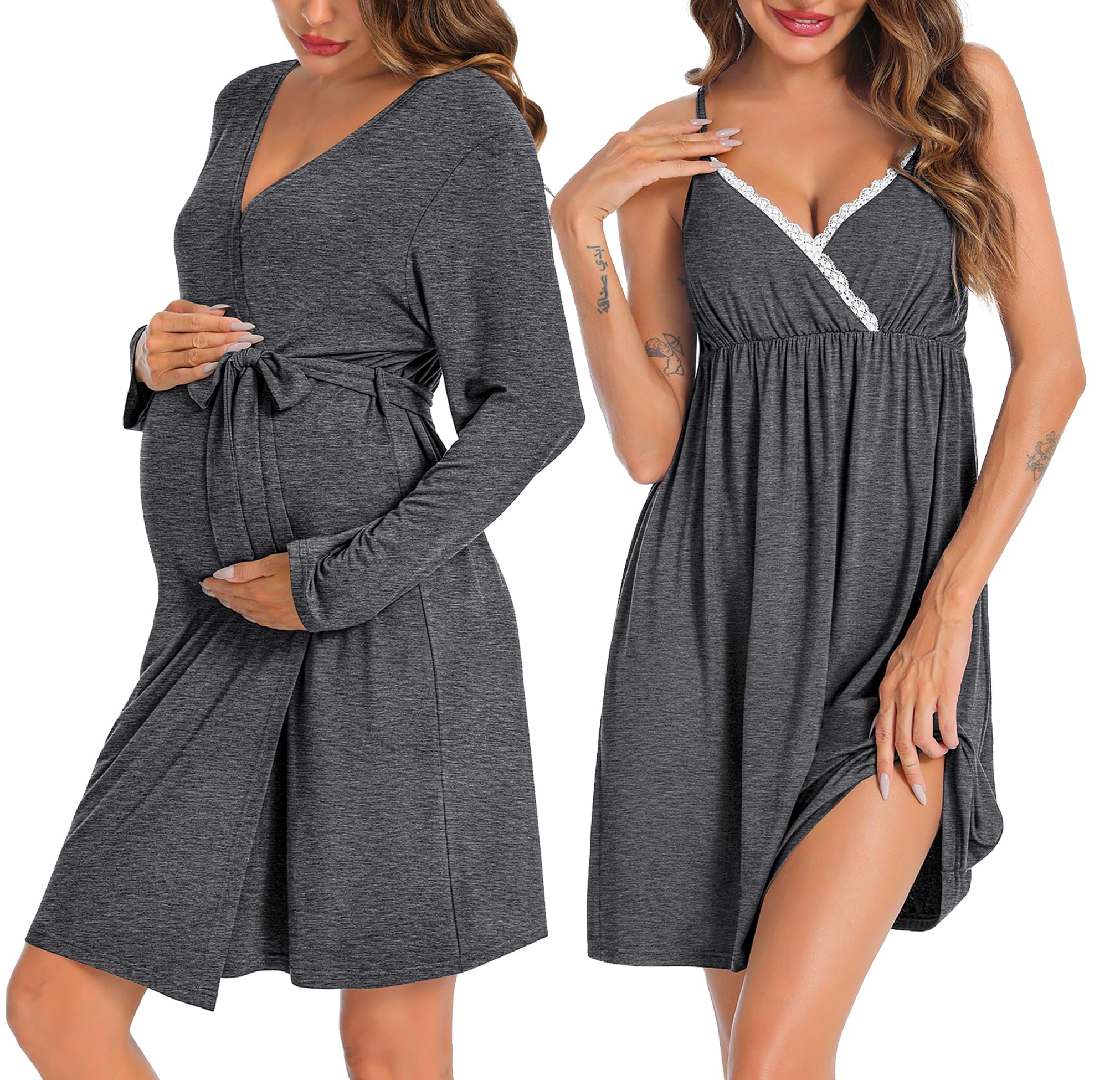 SWOMOG Women's Maternity Robe - 3 in 1 Nursing Nightgown & Lace Bathrobe for Breastfeeding, Labor & Delivery - Soft Postpartum Lounge Dress for Hospital Stay & Home Comfort