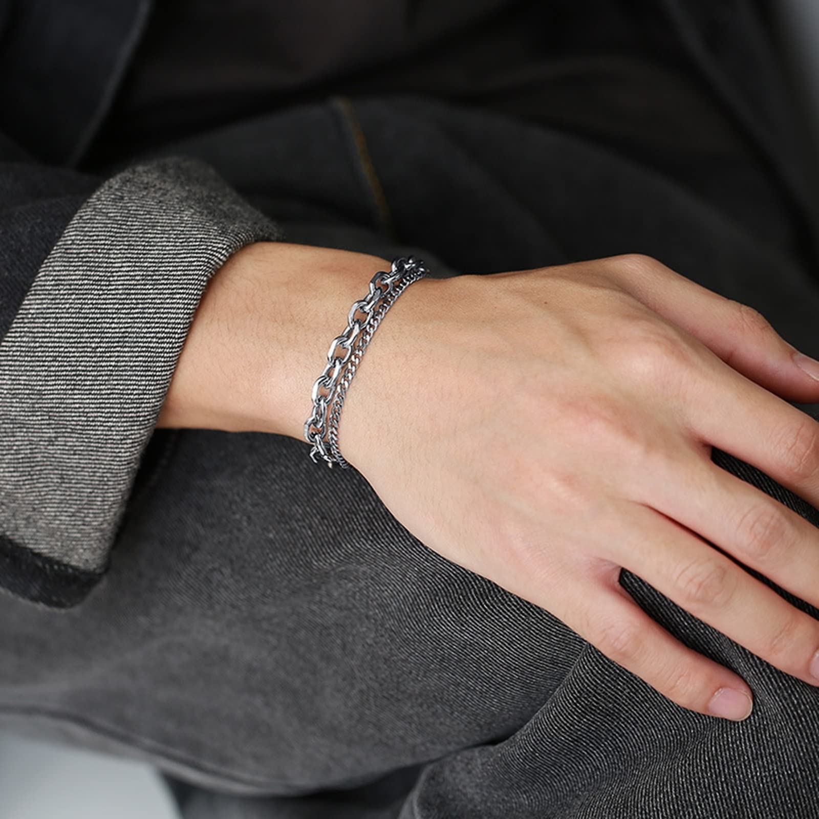 Men's Silver Stainless Steel Double-Layer Link Bracelet - Stylish & Durable Jewelry for Casual Wear, Date Night & Gifts