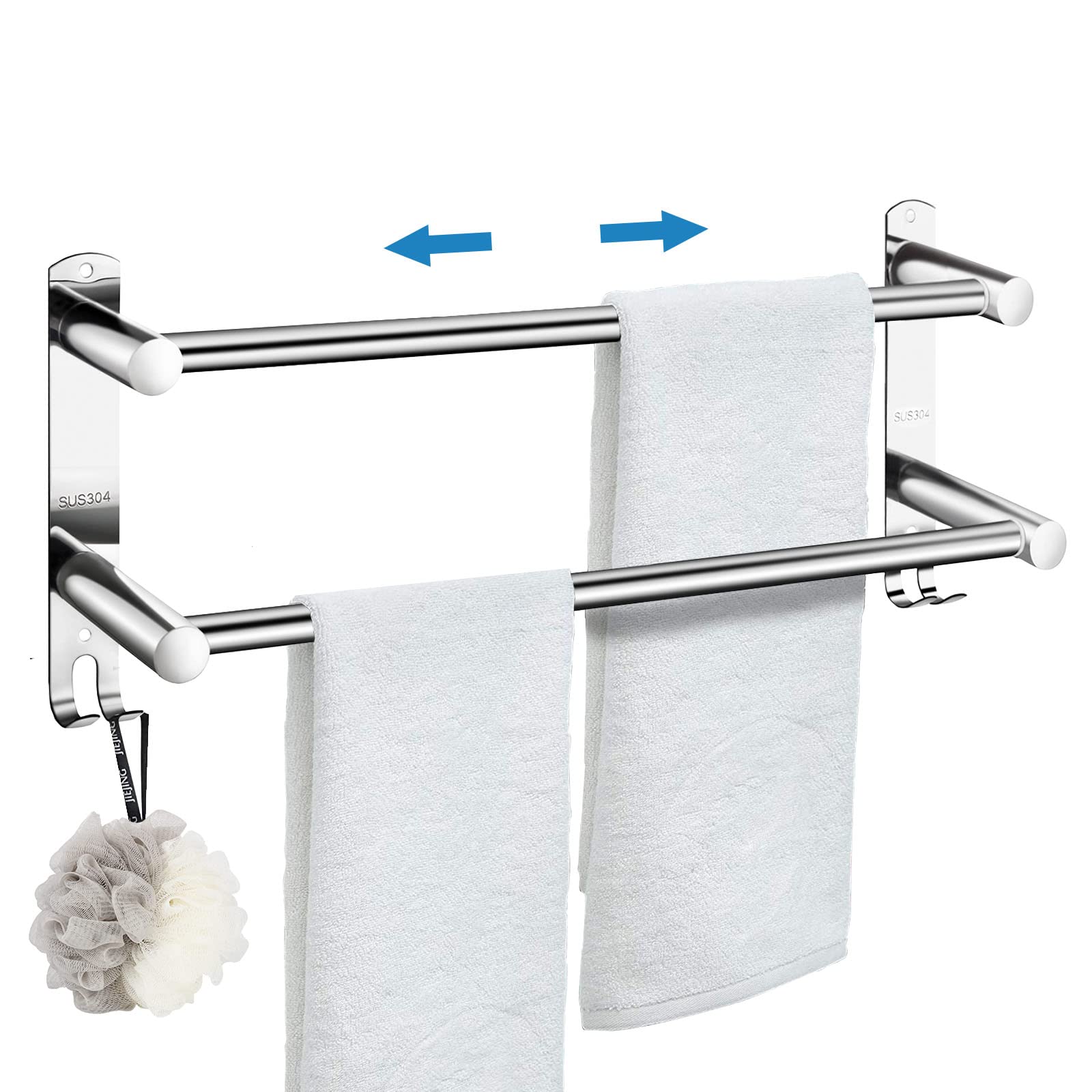 Garini Stretchable Towel Rack - SUS304 Stainless Steel Wall Mount Towel Holder with 2 Bars & Hooks for Bathroom & Kitchen - Silver (Perfect for Small Spaces & Modern Home Decor)