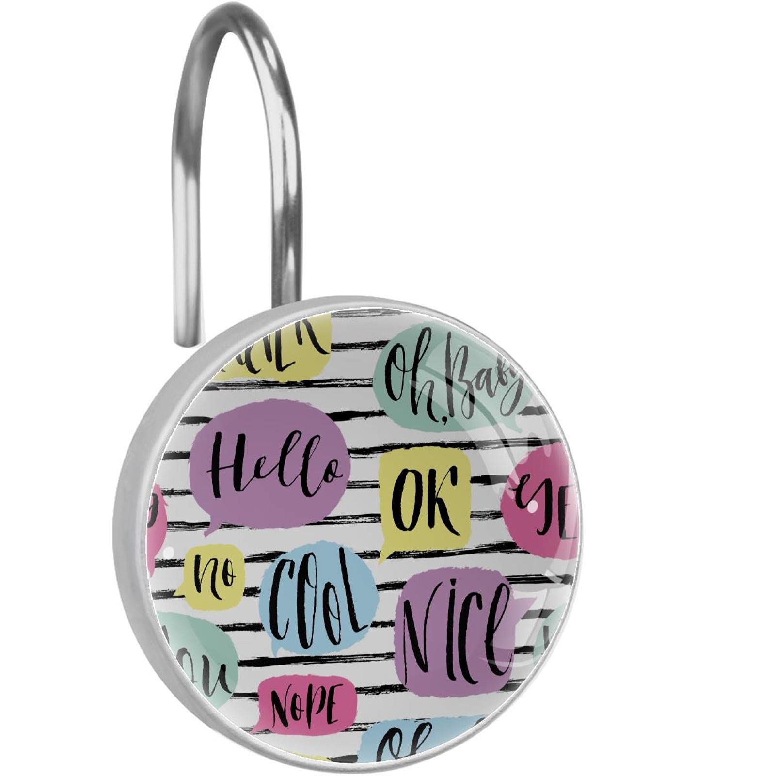 Decorative Shower Curtain Hooks - Creative 'Hello Nice OK' Design in White & Black Stripes | Bathroom Accessories for Modern Home Decor