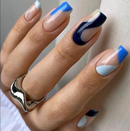 KLOSS BEAUTY Custom Blue Abstract Press On Nails - Set of 10 Hand Painted Gel UV Treated Fake Nails, Extra Long Coffin Shape (Size L) | Salon Quality At-Home Manicure for Parties, Weddings & Special Occasions