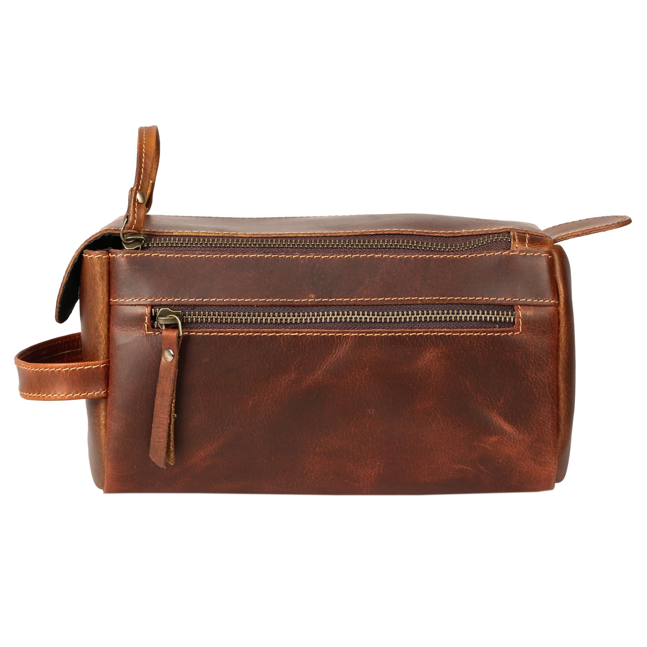 Premium Buffalo Leather Unisex Toiletry Bag - Travel Dopp Kit for Men & Women (Distressed Orange Tan) - Perfect for Camping, Gym & Business Trips
