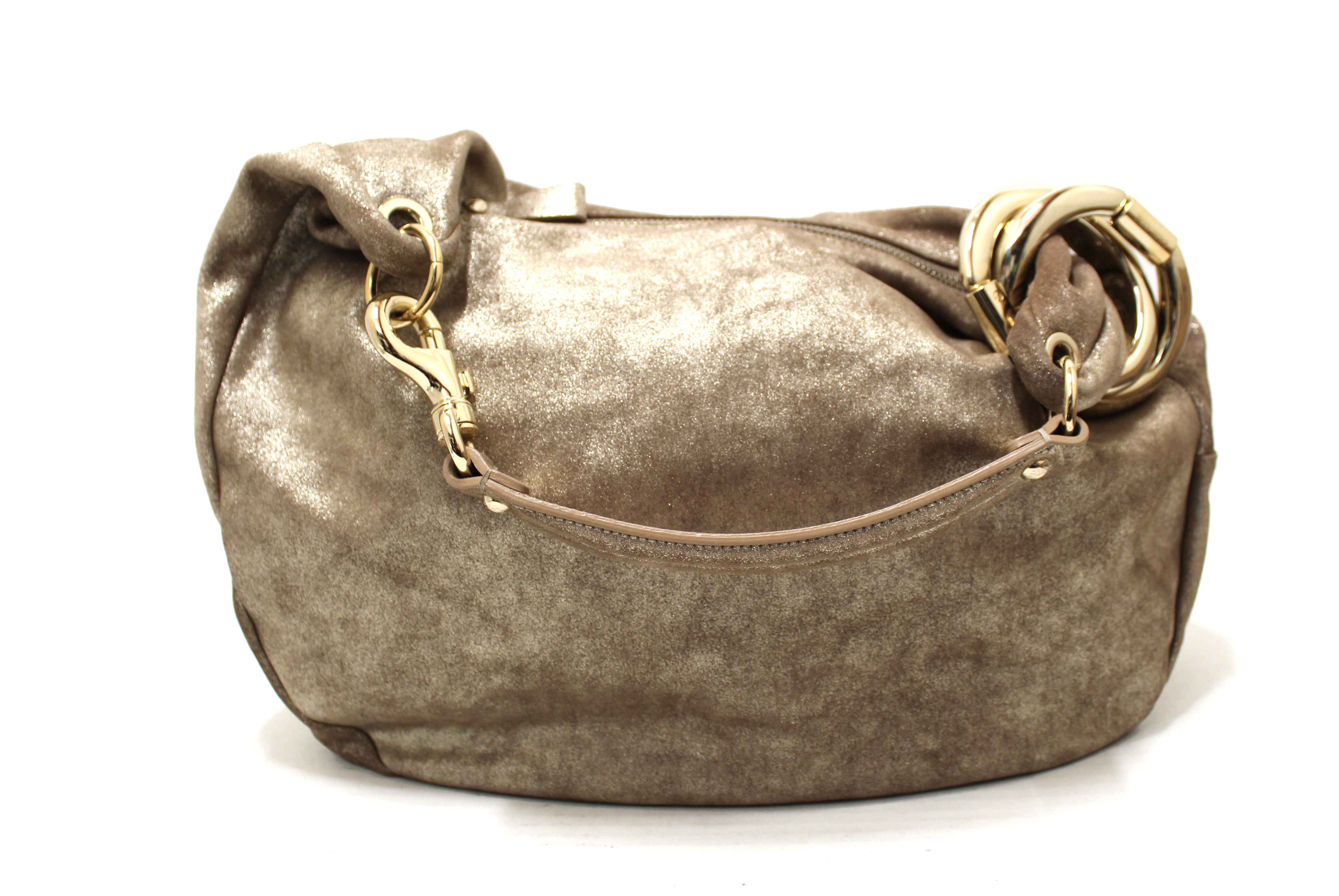 Authentic Jimmy Choo Metallic Gold Shimmer Suede Large Solar Hobo Shoulder Bag - Luxury Designer Handbag for Women, Perfect for Parties, Weddings & Evening Events