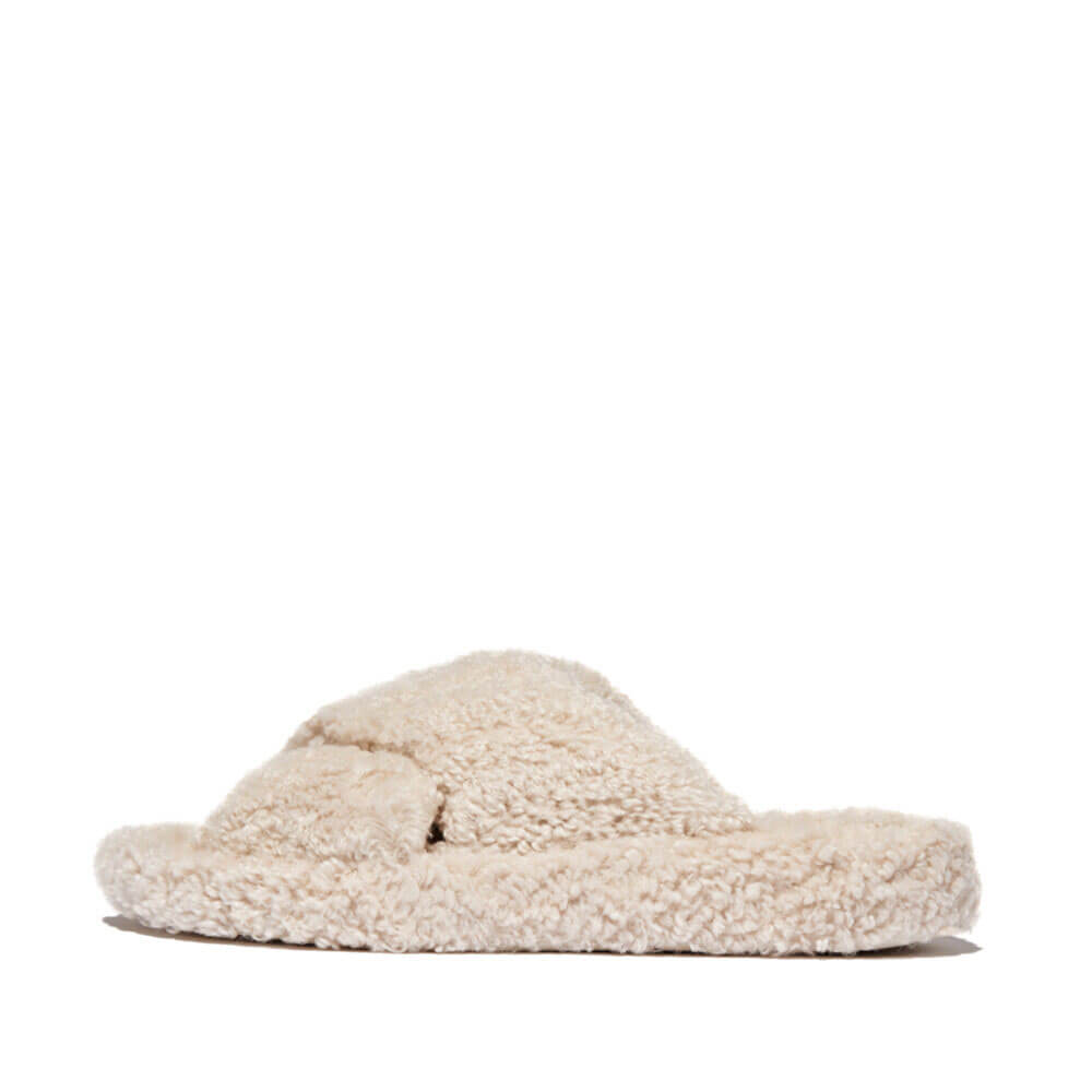 FitFlop iQushion D Luxe Teddy Cross Slides - Comfortable Women's Sandals with Arch Support for Walking, Travel & Home Use - Milk Ice Color