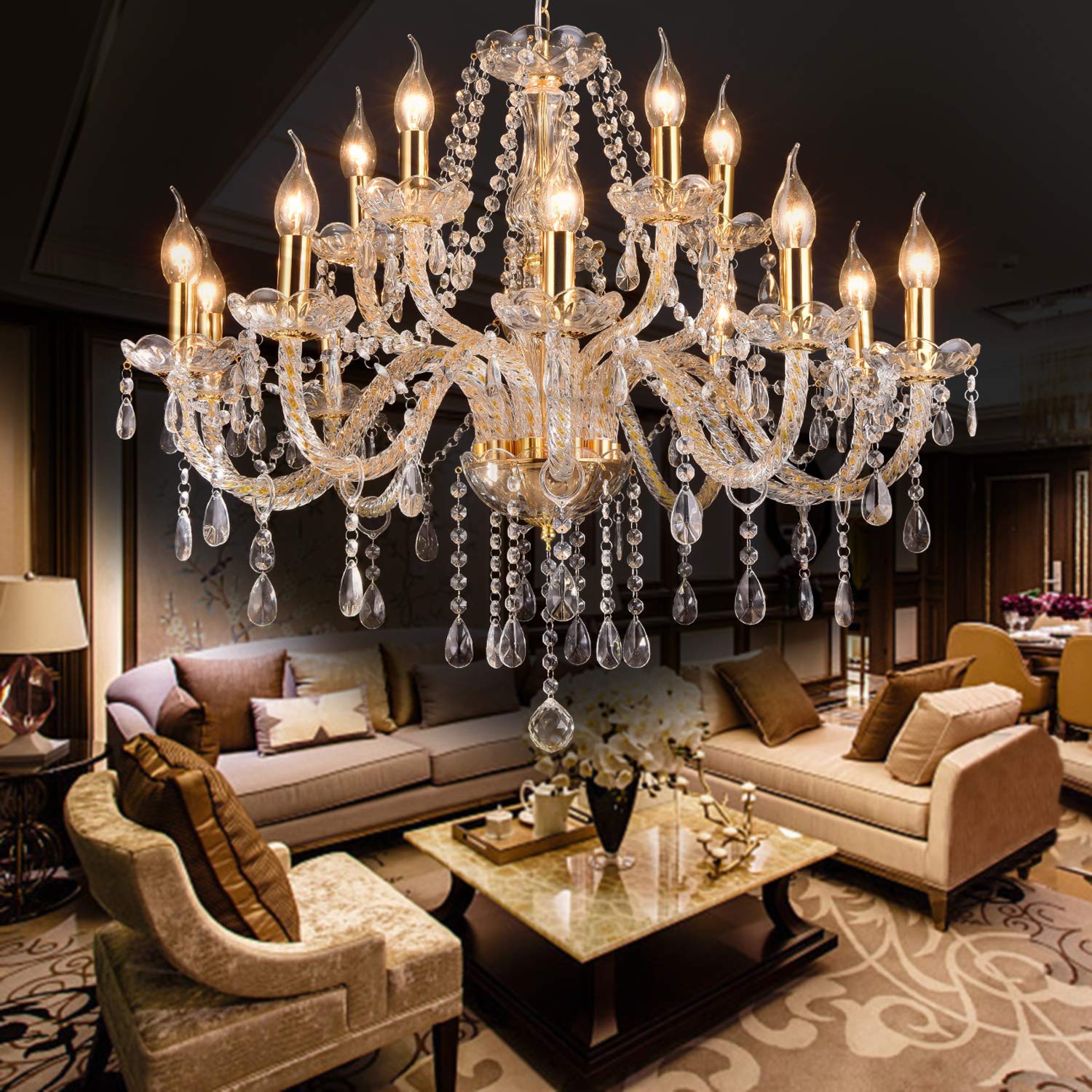 Luxury Gold Crystal Chandelier - 15-Light K9 Modern Ceiling Pendant Lamp for Dining Room, Living Room, Bedroom, Hall & Balcony Lighting - Elegant Home Decor for Weddings, Parties & Luxury Interior Design