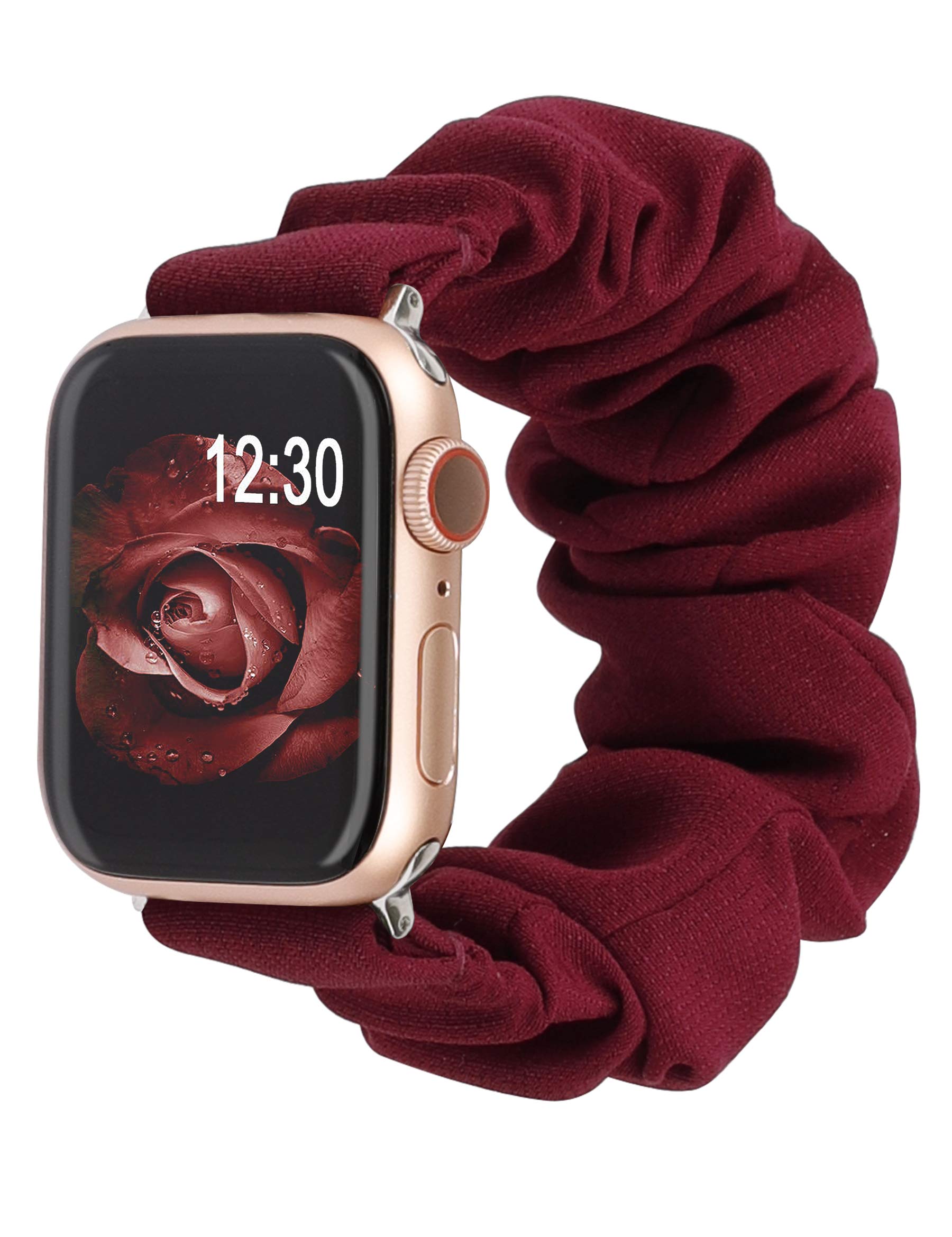 TOYOUTHS Apple Watch Band Scrunchies - Soft Cloth Solo Loop Bracelet for Women, Compatible with Apple Watch 49mm (Ultra)/45/44/42mm, Cute Pattern Printed Elastic Scrunchy Band for Series SE/8/7/6/5/4/3/2/1 (S/M, Rose Gold) - Perfect for Workouts, Yoga & Everyday Fashion Accessory