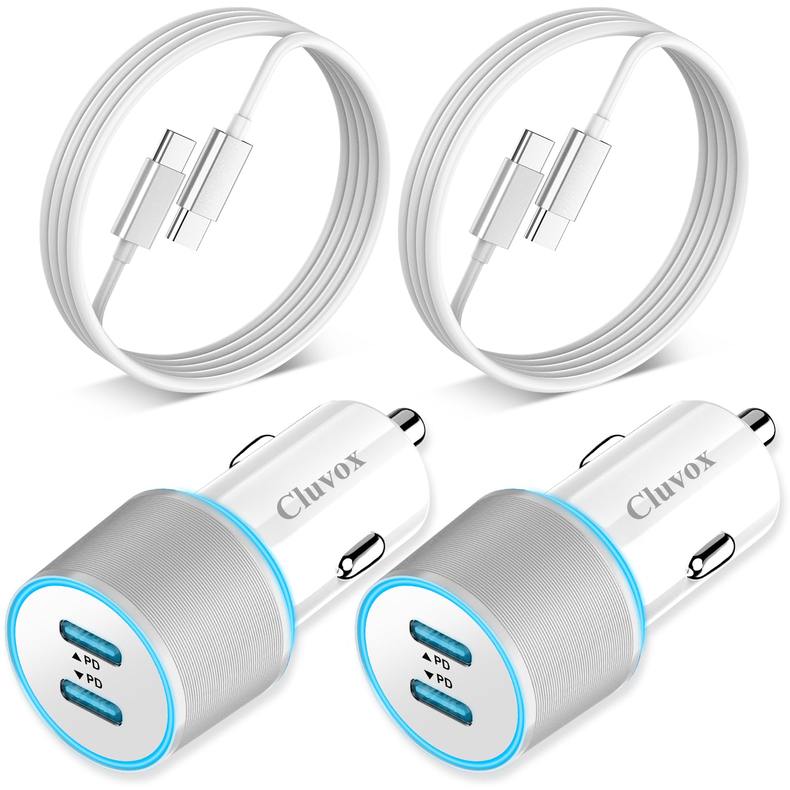 2 Pack 40W Fast USB C Car Charger Adapter - Dual 20W PD Ports with 3.3FT Type C Cable - Compatible with iPhone 16/15 Pro Max/Plus, Samsung Galaxy S25/S24 Ultra/S23/S22 - White - Perfect for Road Trips & Daily Commute Charging
