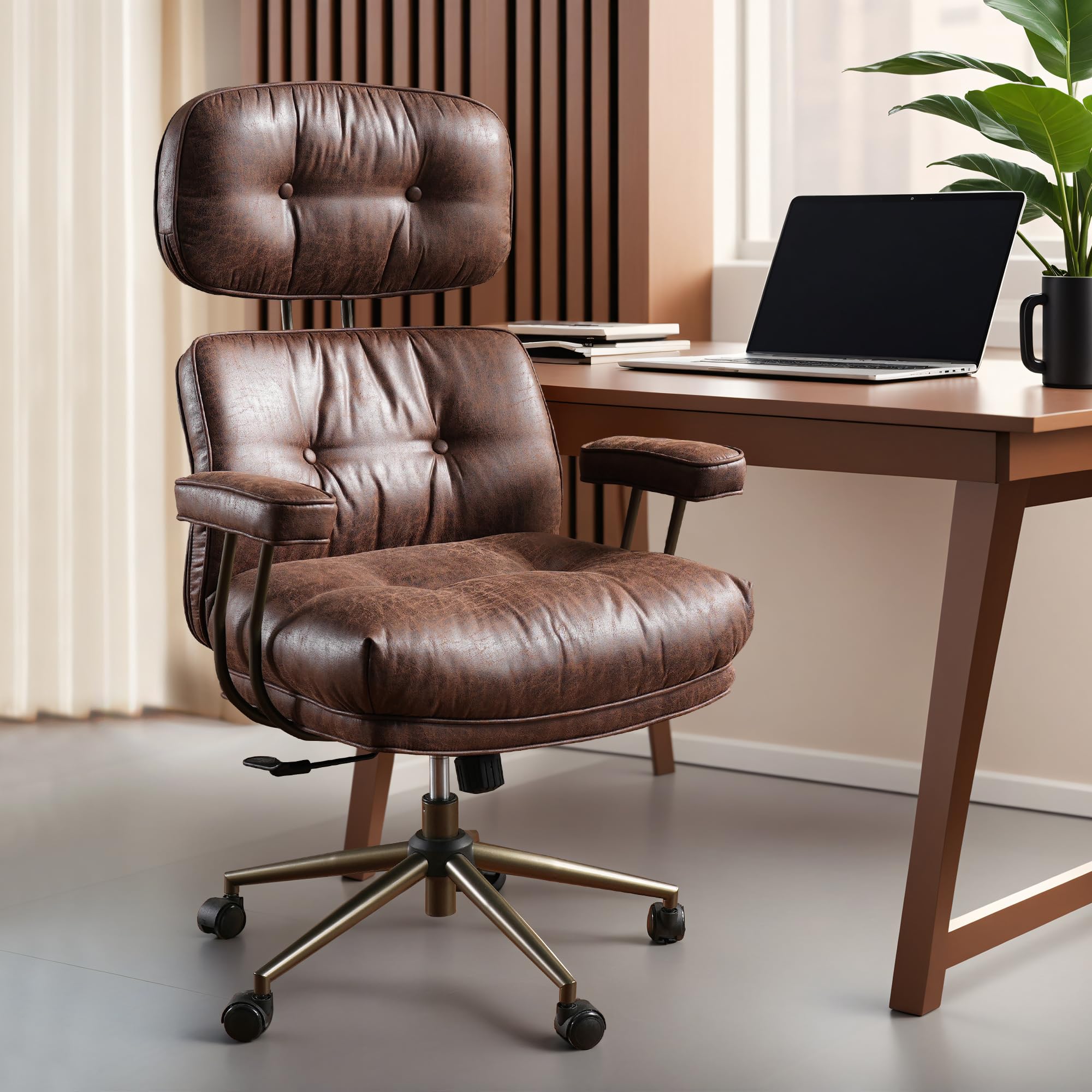 Ovios Ergonomic Home Office Chair - Mid-Century Modern Faux Leather Executive Chair with Thickened Cushions, High Back Support & Smooth Swivel Wheels - Comfortable Computer Desk Chair for Work, Gaming & Study (Dark Brown, Suede Leather) - Perfect for Home Office, Conference Room & Workspace