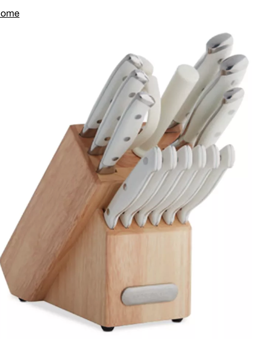 15-Piece White Handle Knife Block Set - Premium Stainless Steel Cutlery with Wooden Stand for Kitchen, Dining & Gift Giving