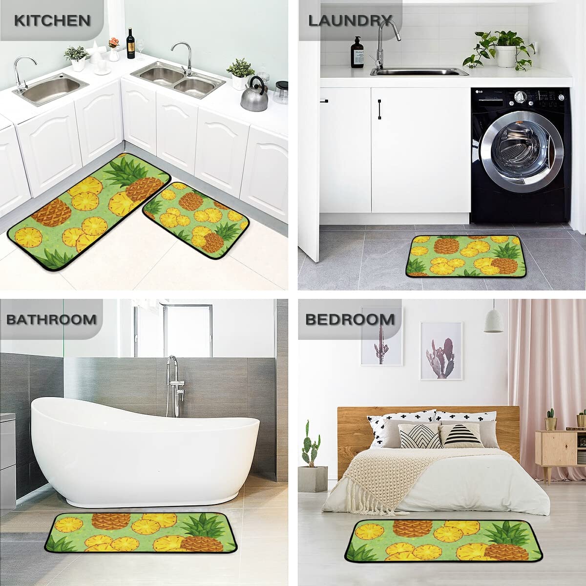Non-Slip Washable Pineapple Tropical Fruit Kitchen Rugs Set of 2 - Anti-Skid Floor Mats for Sink, Laundry & Home Decor | Perfect for Kitchen, Bathroom & Entryway