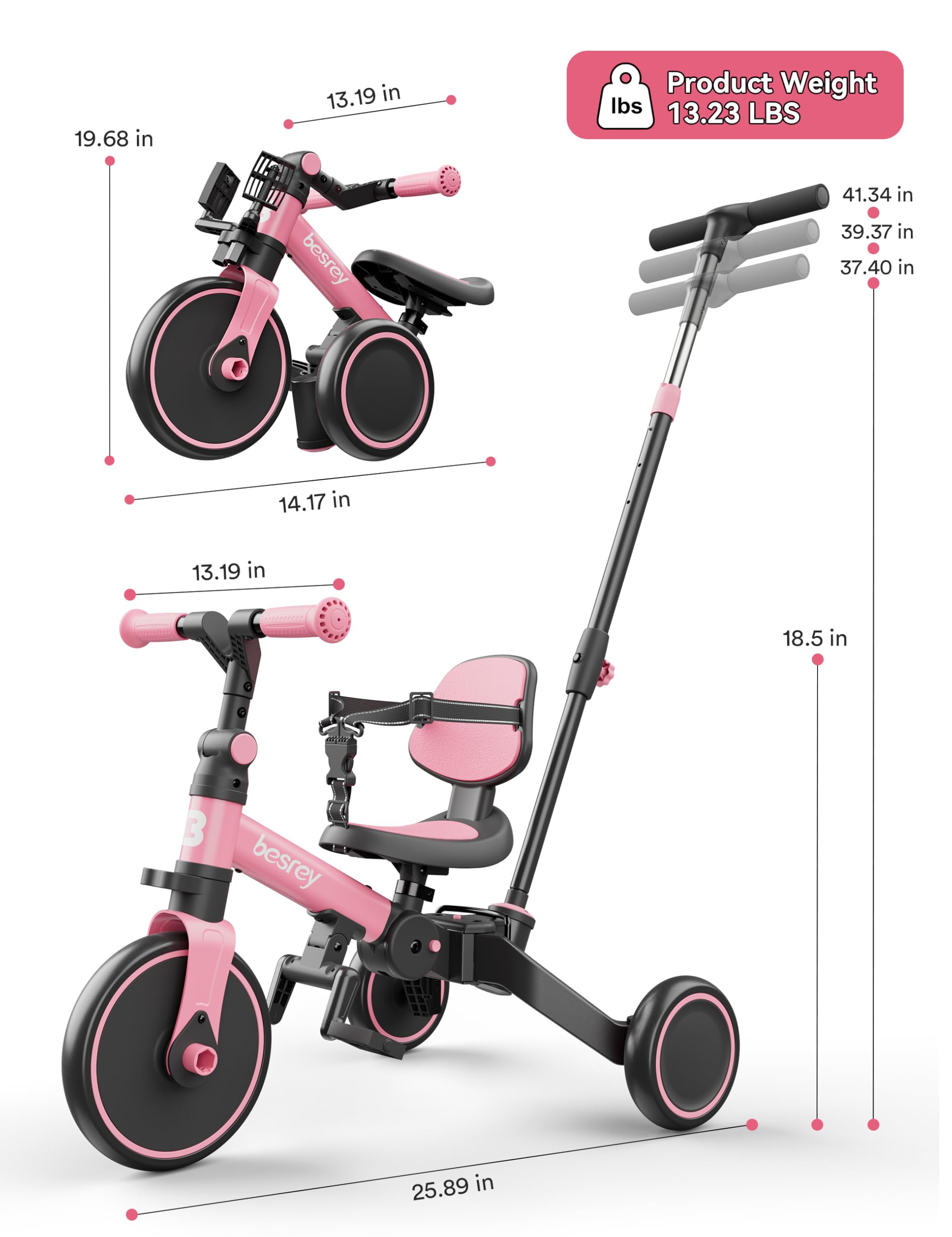 Besrey 5-in-1 Toddler Bike & Tricycle for 1-3 Year Olds - Adjustable Push Handle, Safety Belt & Backrest - Perfect Balance Bike & Birthday Gift for Boys & Girls - Ideal for Outdoor Play, Learning to Ride & Backyard Fun
