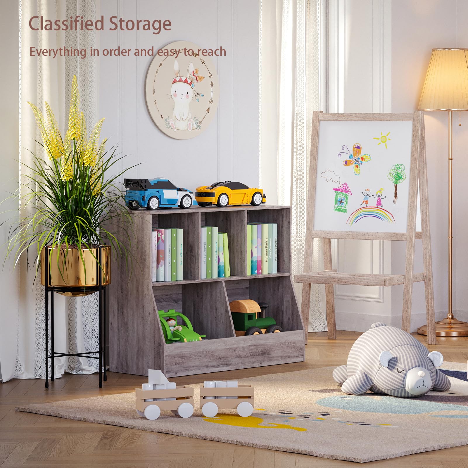 DINZI LVJ 5-Cubby Wooden Toy Storage Organizer & Kids Bookshelf - Greige, 35.4