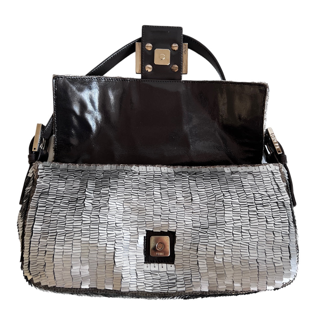 Vintage Fendi Silver Sequin Baguette Bag - Luxury Designer Shoulder Purse for Women, Perfect for Evening Parties, Weddings & Special Occasions
