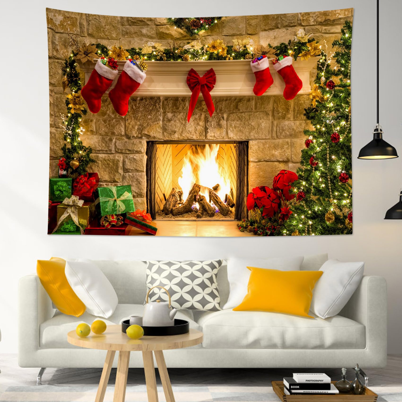 HVEST Christmas Tree Tapestry Wall Hanging - 92.5x70.9 Inch Large Holiday Decor with Stockings for Bedroom, Living Room & Dorm - Warm Orange Festive Wall Art for Christmas Decorations & Seasonal Home Styling