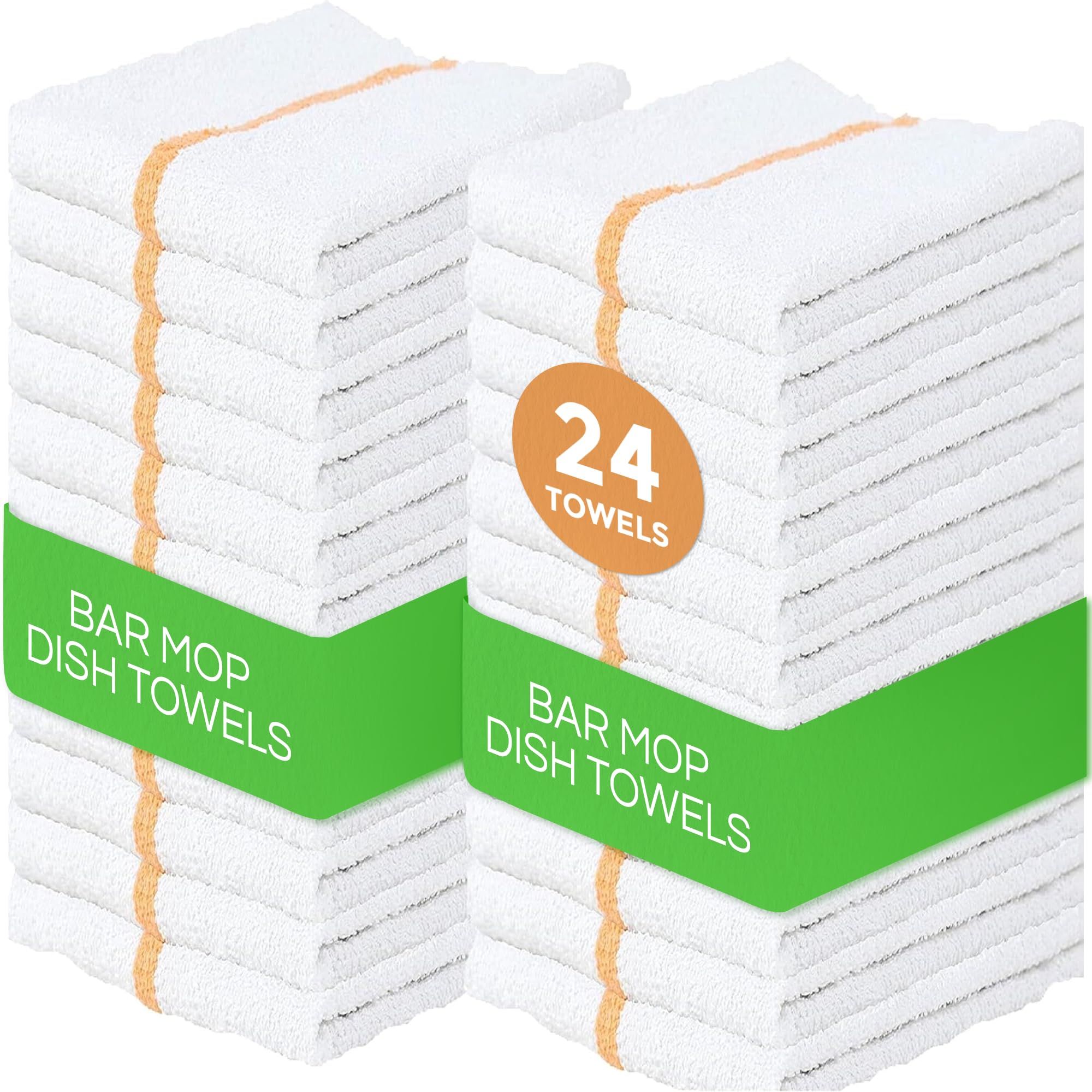 24-Pack 16x19 Inch Gold Stripe Bar Mop Towels - Super Absorbent Cotton Kitchen Towels for Quick Drying | Perfect for Home, Restaurant, Bar Glass Cleaning | Dish Towels for Chefs, Cooks & Hospitality Use