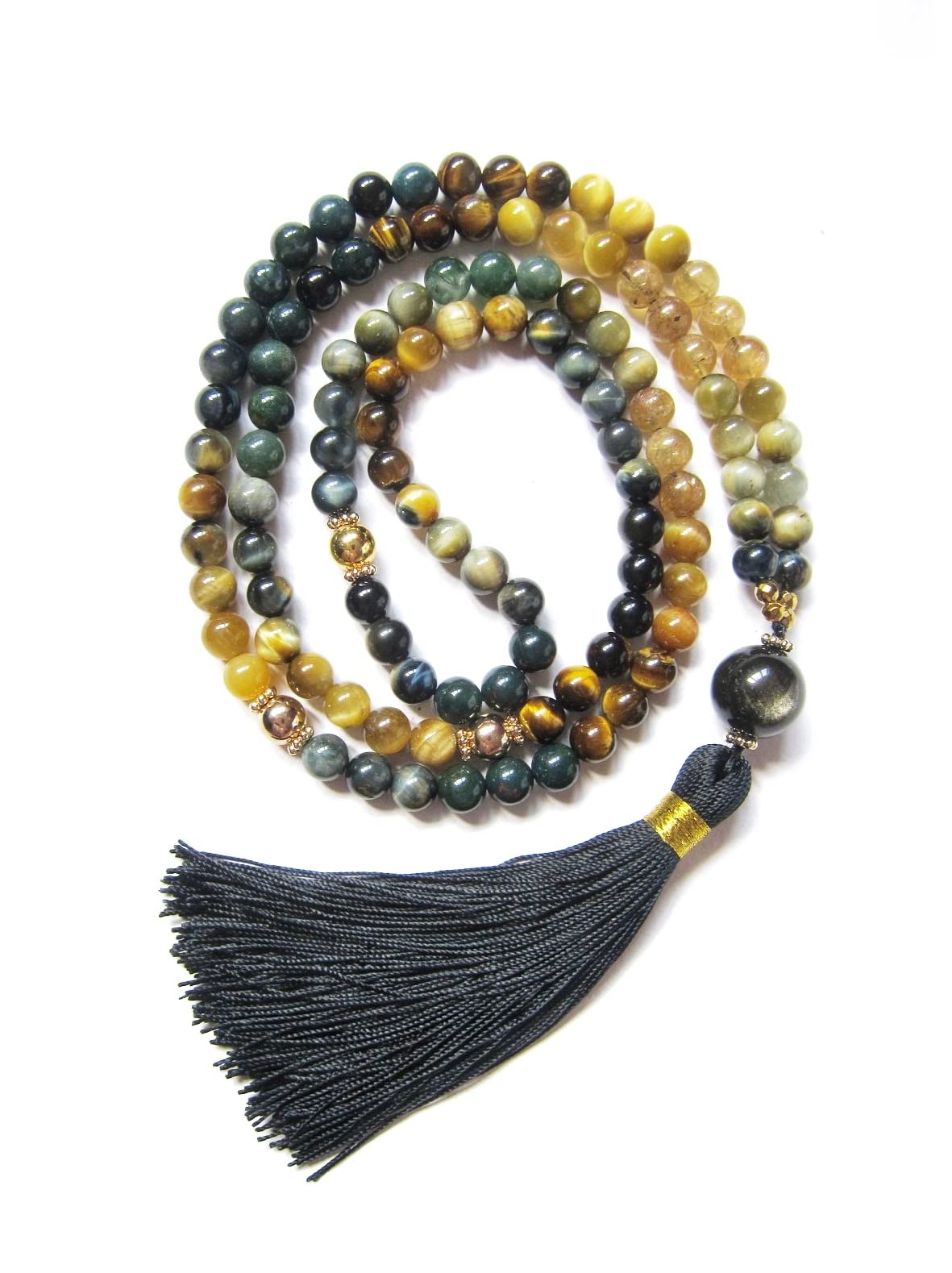 Blue Tiger Eye & Bloodstone Mala Necklace for Protection, Abundance & Good Luck | Honey Mustard & Black Obsidian Beaded Necklace | Cat's Eye & Gray Tiger Eye Spiritual Jewelry | Perfect Christmas Gift for Meditation, Yoga & Positive Energy