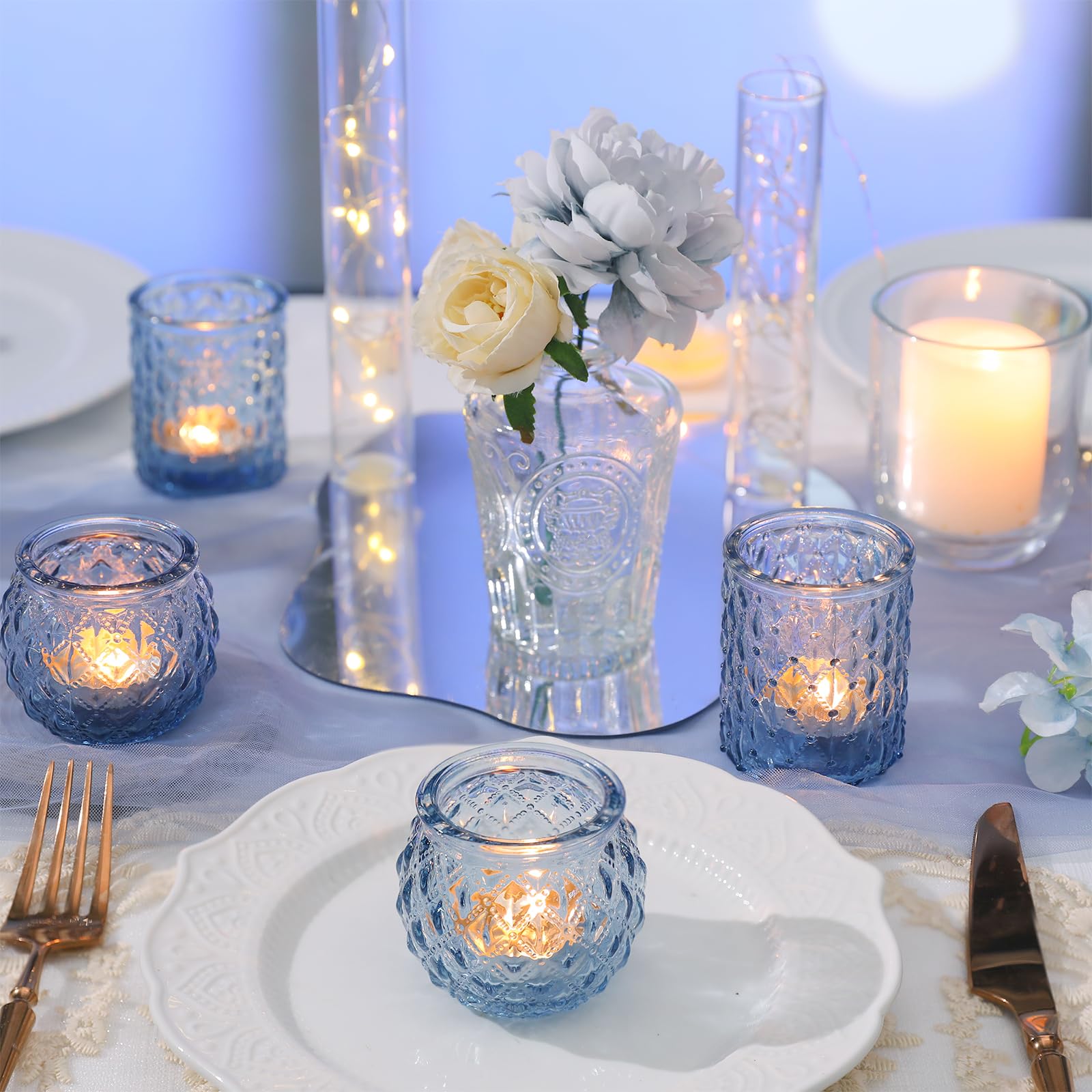 Blue Glass Votive Candle Holders Set of 24 - Bulk Round Tea Light Holders for Wedding, Home Decor, Party & Gifts | Perfect for Centerpieces, Table Settings & Romantic Ambiance