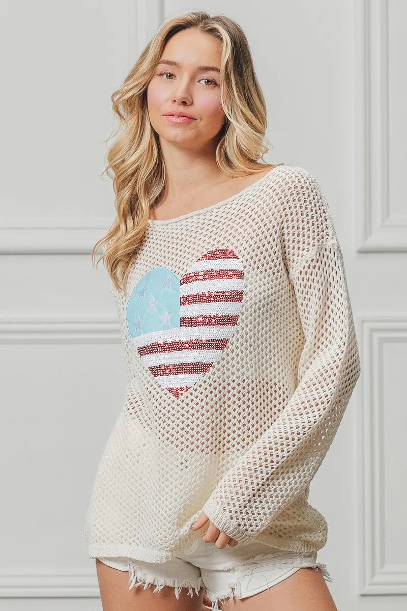 BiBi Sequin American Flag Heart Knit Up - Patriotic Fashion Sweater for Women, Perfect for 4th of July, Memorial Day & Independence Day Celebrations
