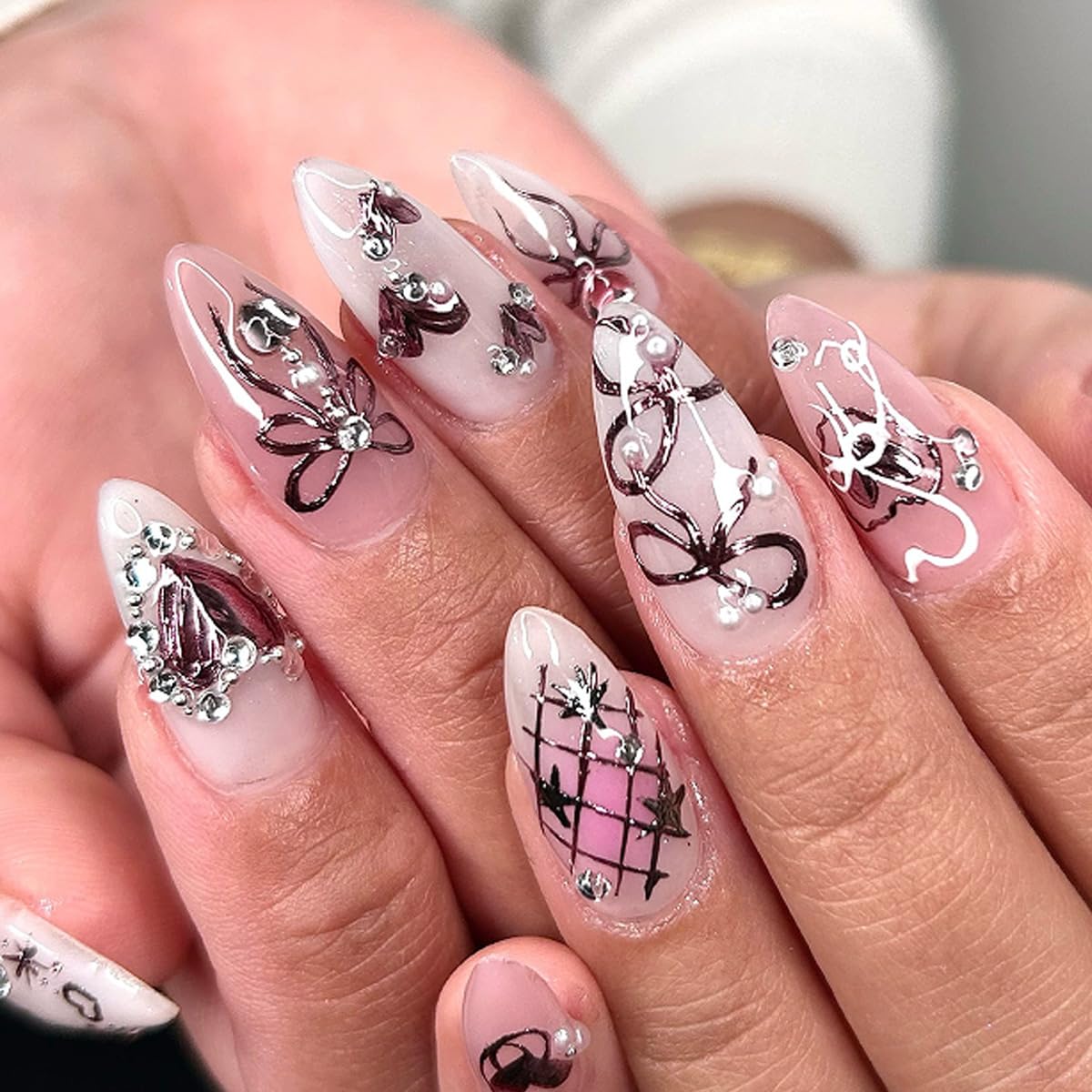 Pink Short Almond Press on Nails with 3D Heart Pearl, Rhinestones & Silver Star Glitter Designs - 24Pcs Flower Charm Fake Nails with Cute Bow for Women & Girls | Perfect for Parties, Weddings & Everyday Glam