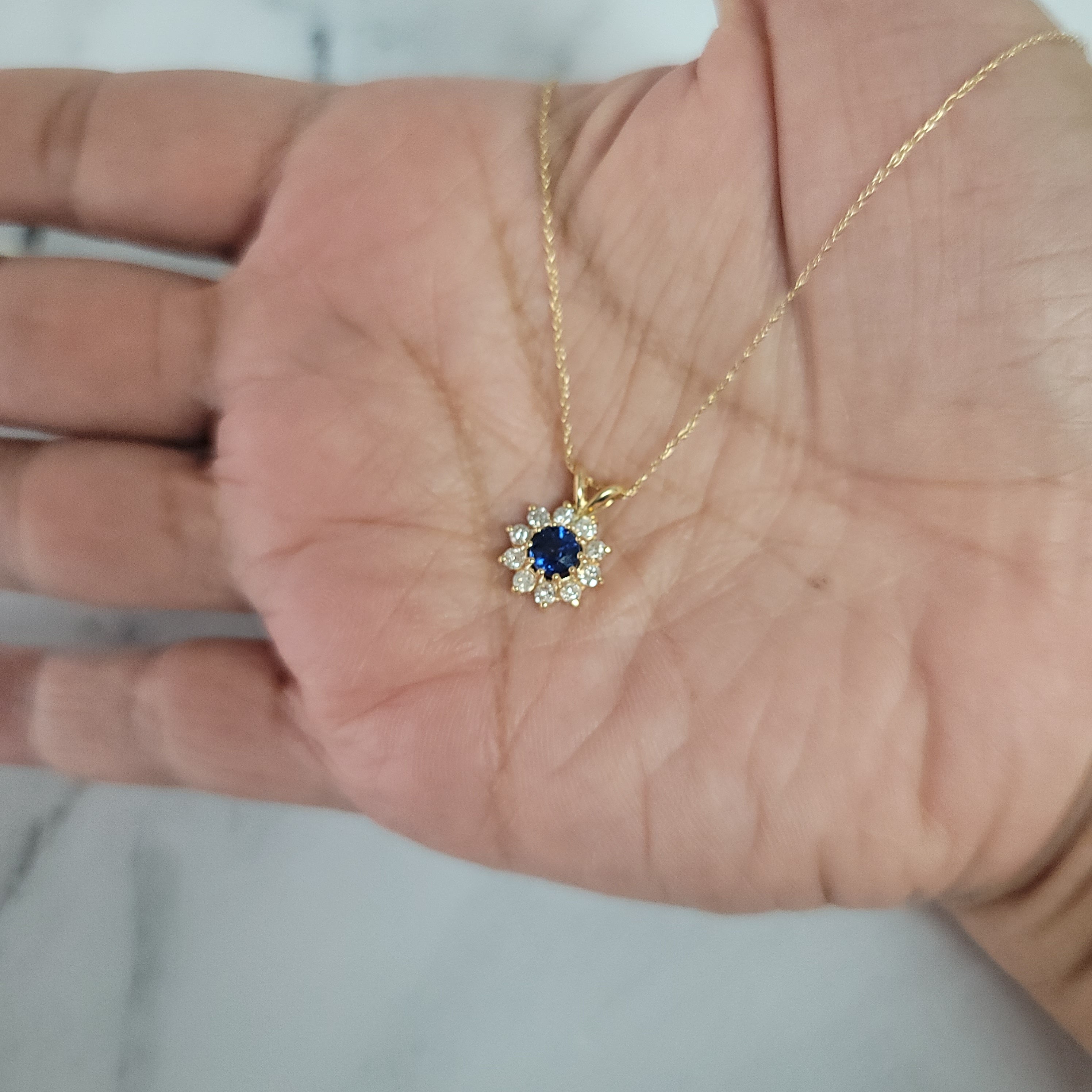 14K Yellow Gold Sapphire Diamond Halo Necklace .85cttw - Elegant Jewelry Gift for Women, Perfect for Anniversaries, Birthdays & Special Occasions