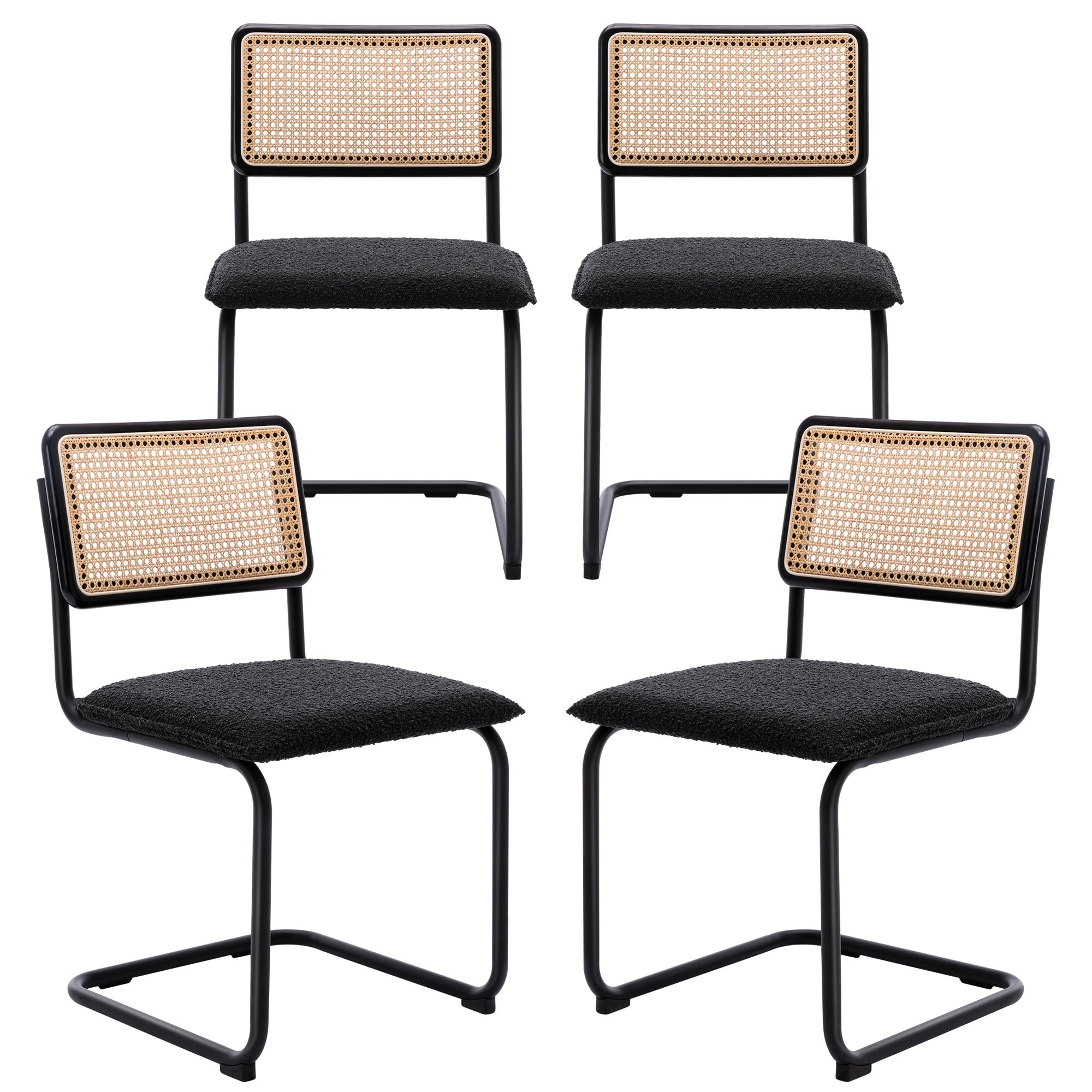 ONEVOG 4-Piece Boucle Dining Chair Set - Modern Upholstered Cane Chairs with Natural Rattan Back & Sturdy Metal Frame - Comfortable Accent Seating for Dining Room, Kitchen or Living Room - Perfect for Family Gatherings & Dinner Parties (Black)