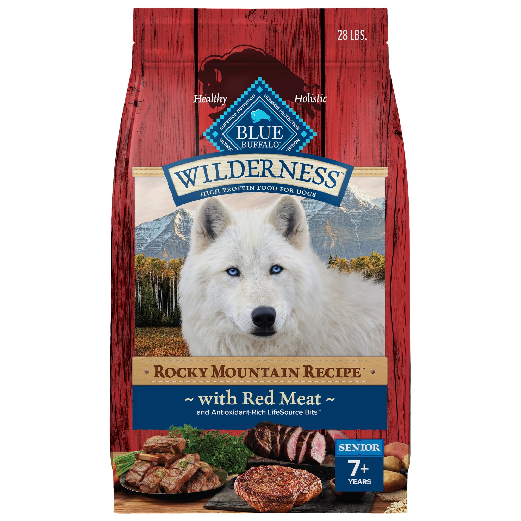 Blue Buffalo Wilderness Rocky Mountain Recipe High Protein Natural Senior Dry Dog Food - Red Meat with Grain, 28 lb Bag for Large Breed Dogs | Supports Joint Health & Energy for Active Senior Dogs