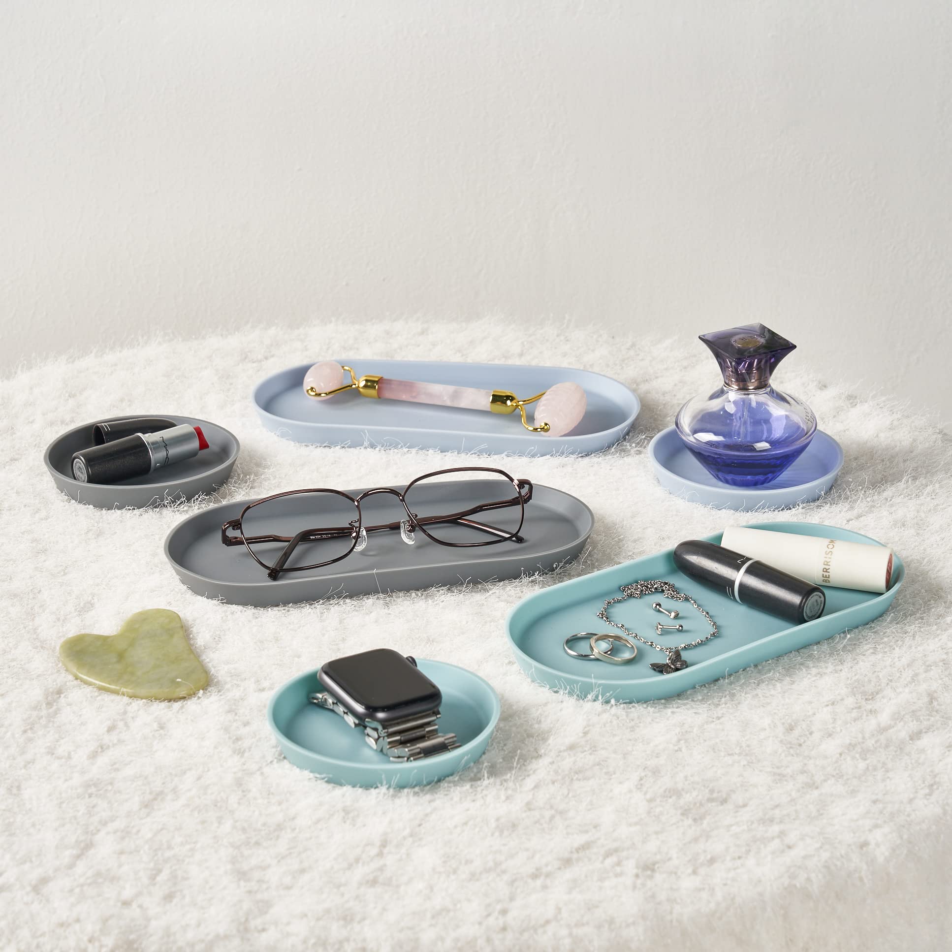 Blue Ginkgo Mini Silicone Trays – Set of 6 Non-Slip Organizers for Bathroom, Kitchen, Office & Vanity | Easy-Clean Makeup & Jewelry Storage | Perfect for Cosmetics, Desk Accessories & Small Items (Blue, Mint, Gray)