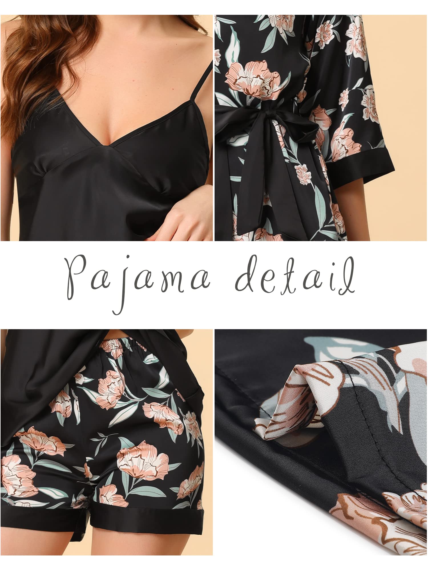 Cheibear Women's 4-Piece Satin Pajama Set - Valentine's Day Cami Top, Nightgown, Shorts & Robe Loungewear for Sleepwear, Bridal Shower & Romantic Getaways