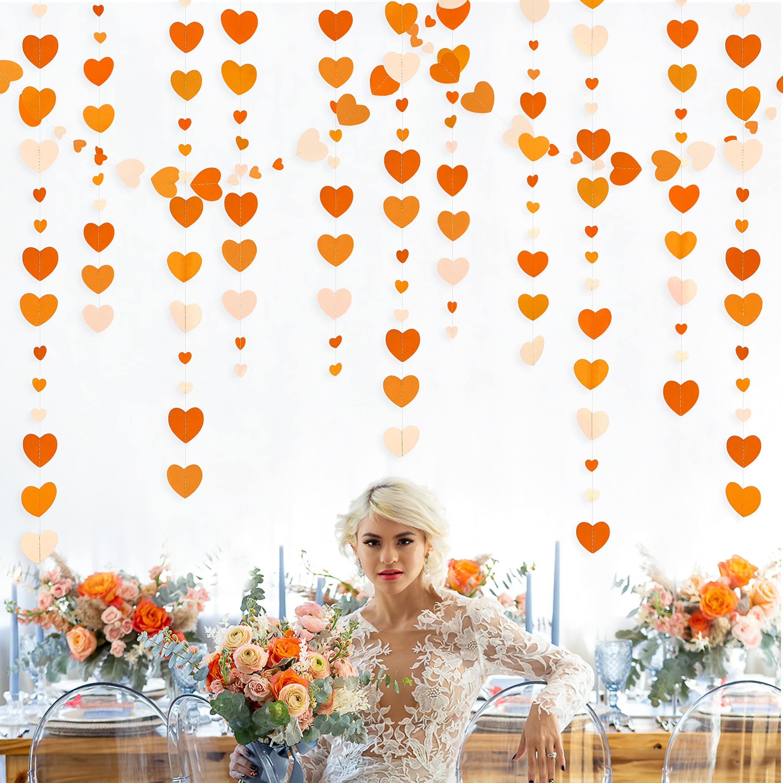 Orange Gradient Heart Garland - Fall Wedding Decor, Bridal Shower & Thanksgiving Party Supplies | Hanging Paper Streamers for Autumn, Valentines Day, Baby Shower & Harvest Celebrations | Perfect for Home, Garden and Event Decorations