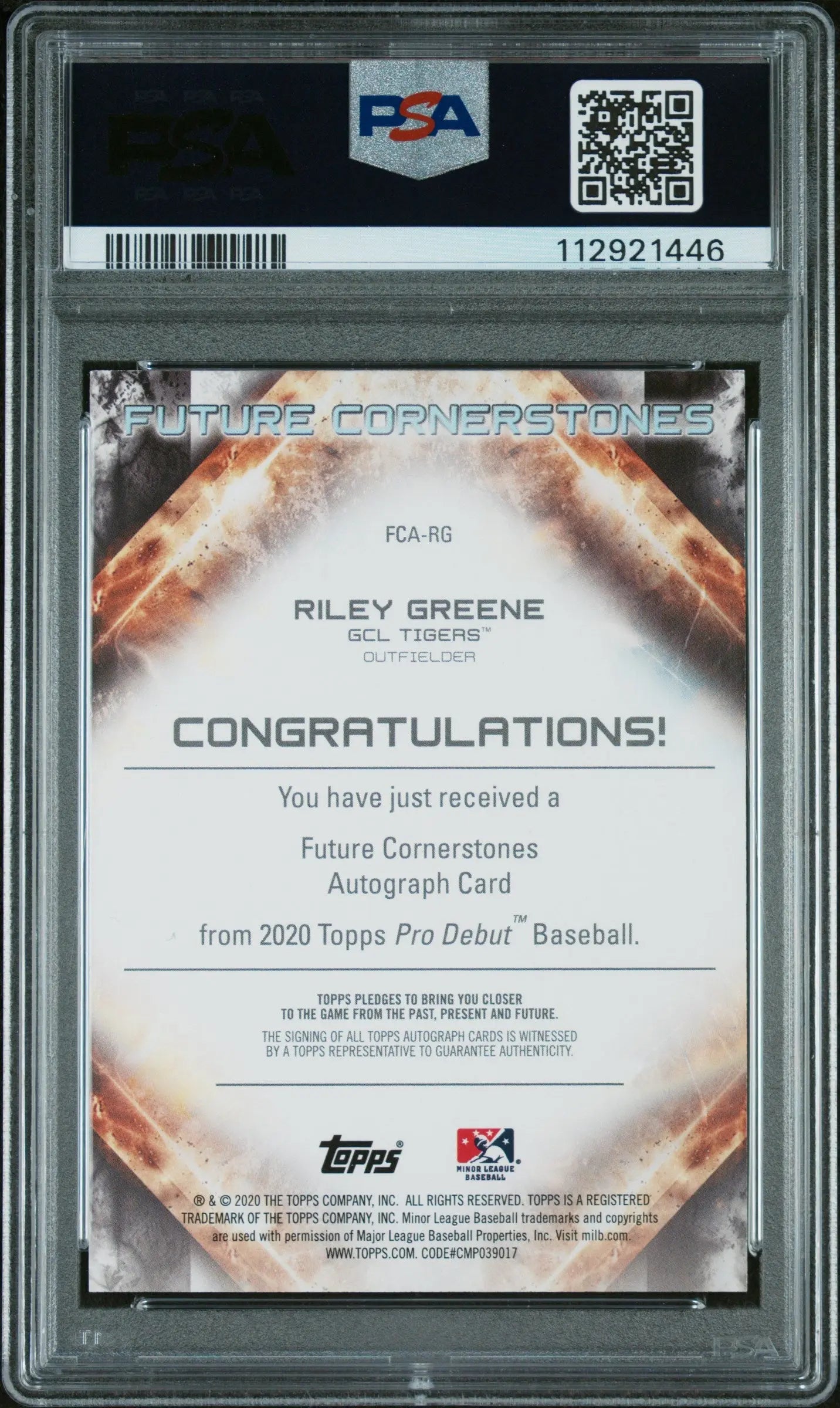 2020 Topps Pro Debut Future Cornerstones Auto Riley Greene Orange PSA 8 /25 - Rare Baseball Card for Collectors & Sports Memorabilia Enthusiasts - Perfect for Display, Investment & Trading