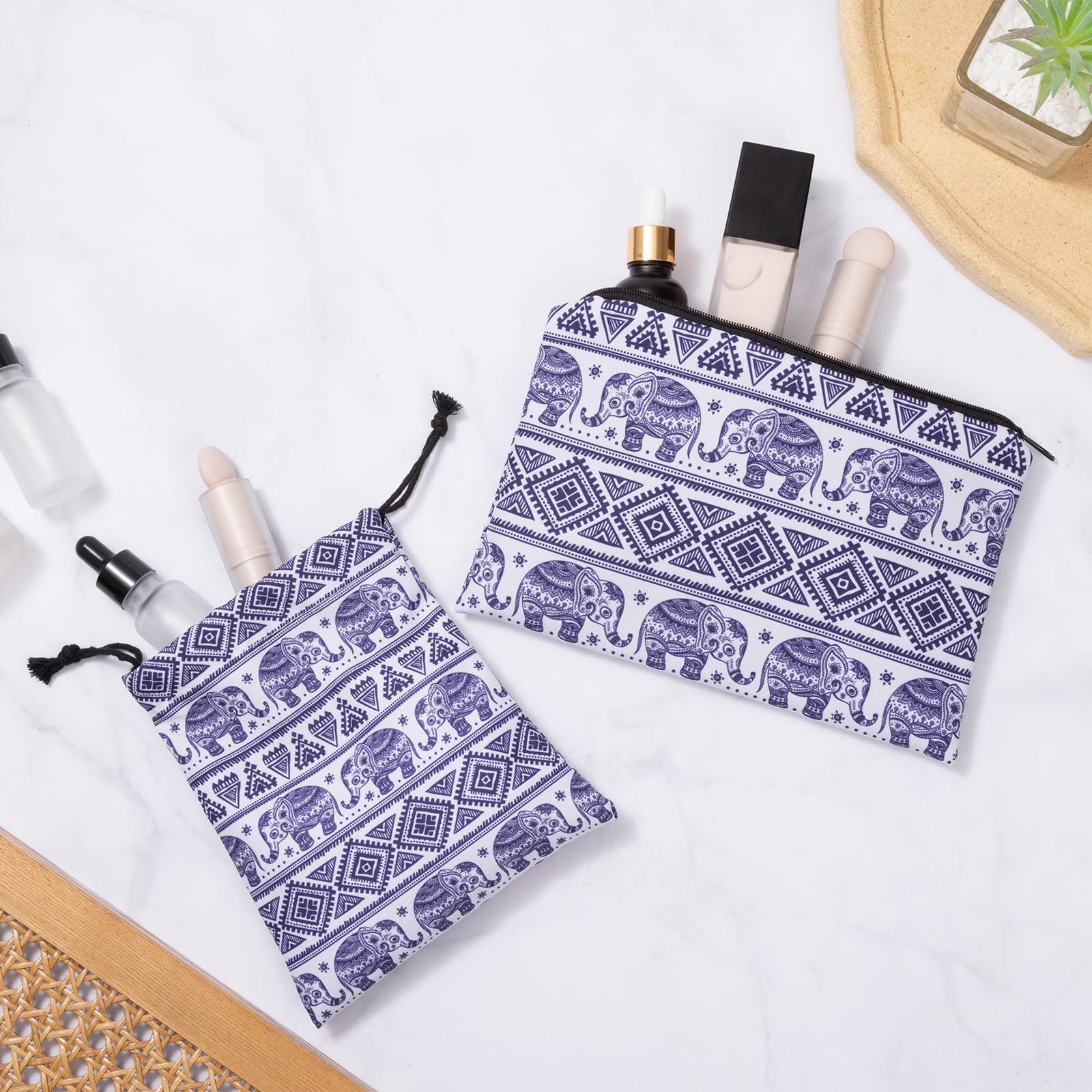 2pcs Elephant Print Makeup Bag and Drawstring Bag Set - Travel Cosmetic Organizer, Blue Zipper Pouch for Toiletries - Perfect for Women's Birthday Gifts, Best Friend Presents, Vacation Essentials & Daily Makeup Storage (Elephant Design)
